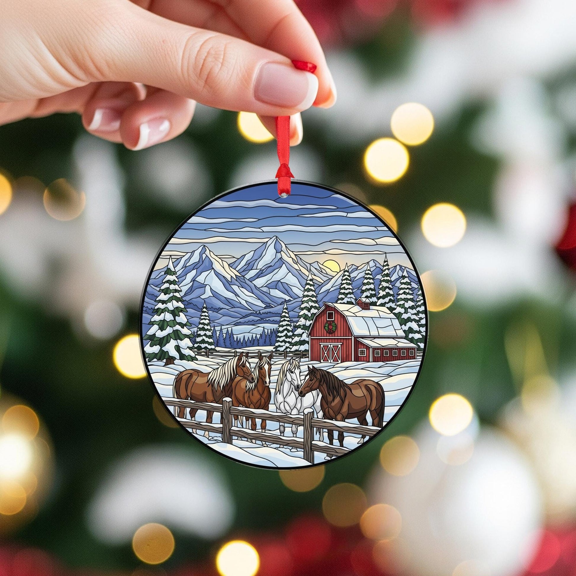 Horse Ornament Christmas Suncatcher Winter Barn Mountain Farm Decor