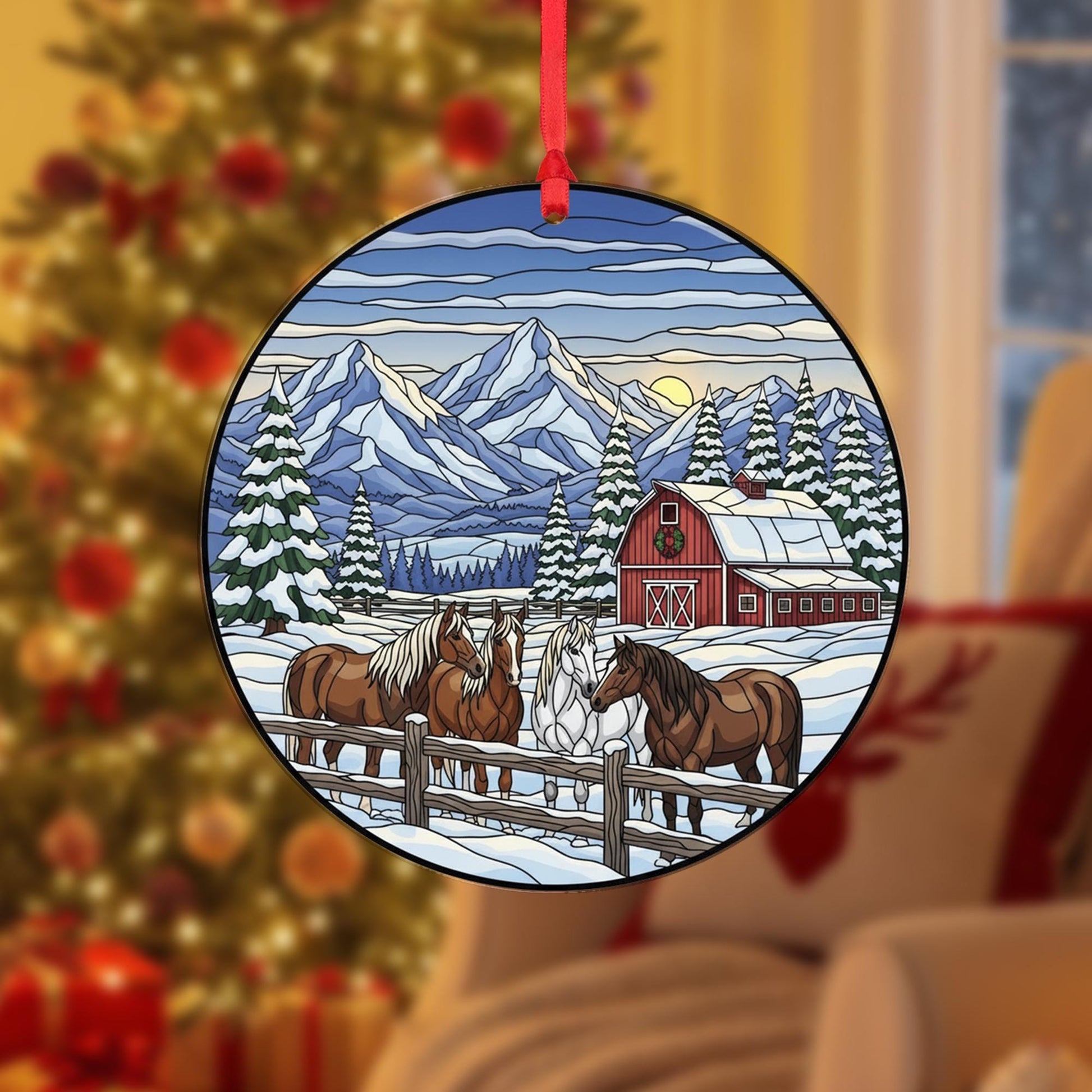 Horse Ornament Christmas Suncatcher Winter Barn Mountain Farm Decor