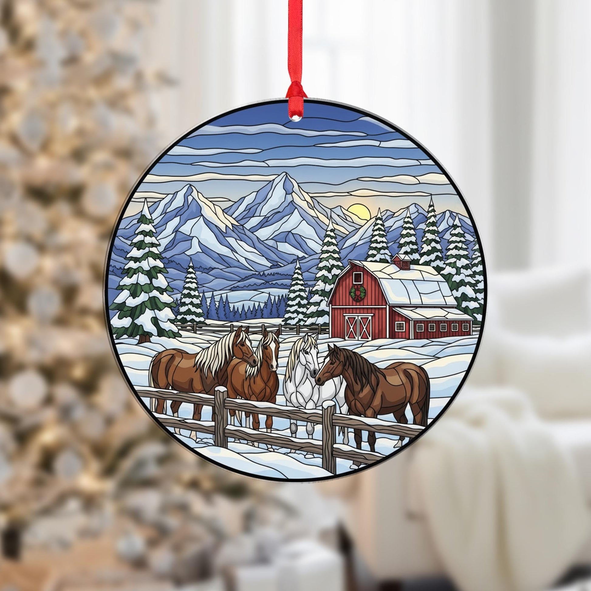 Horse Ornament Christmas Suncatcher Winter Barn Mountain Farm Decor