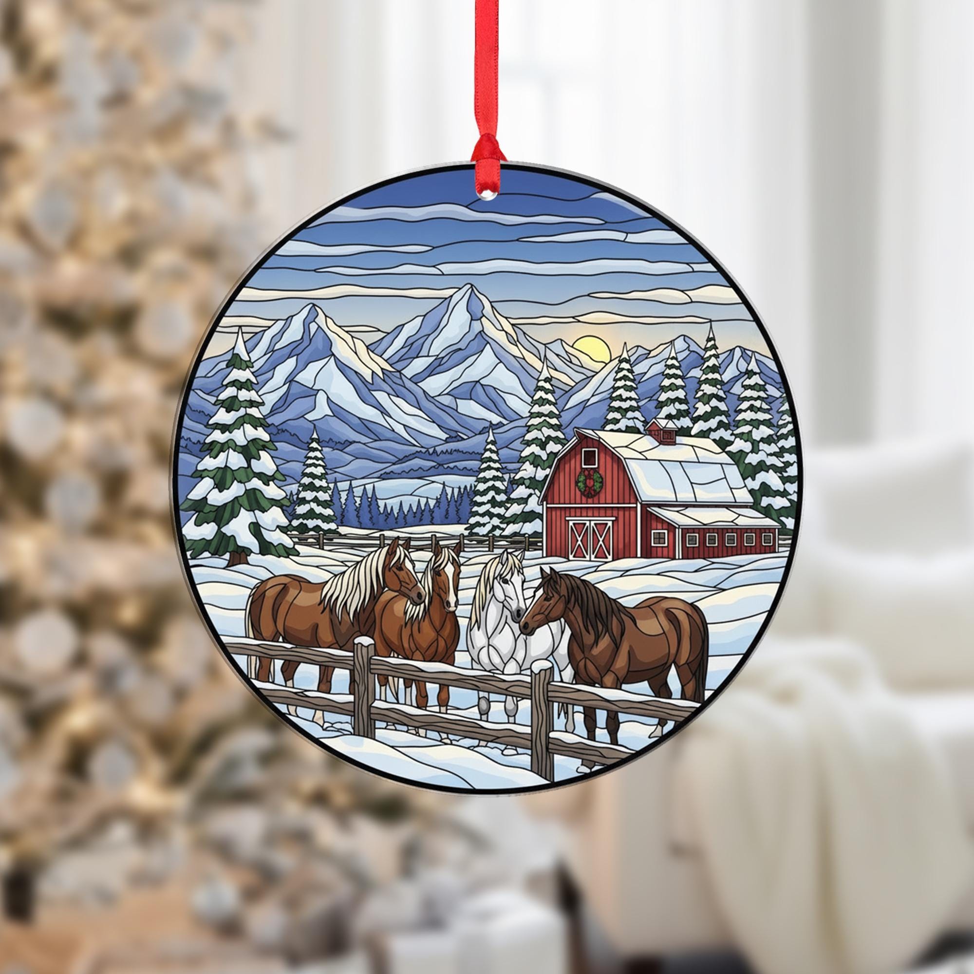 Horse Ornament Christmas Suncatcher Winter Barn Mountain Farm Decor