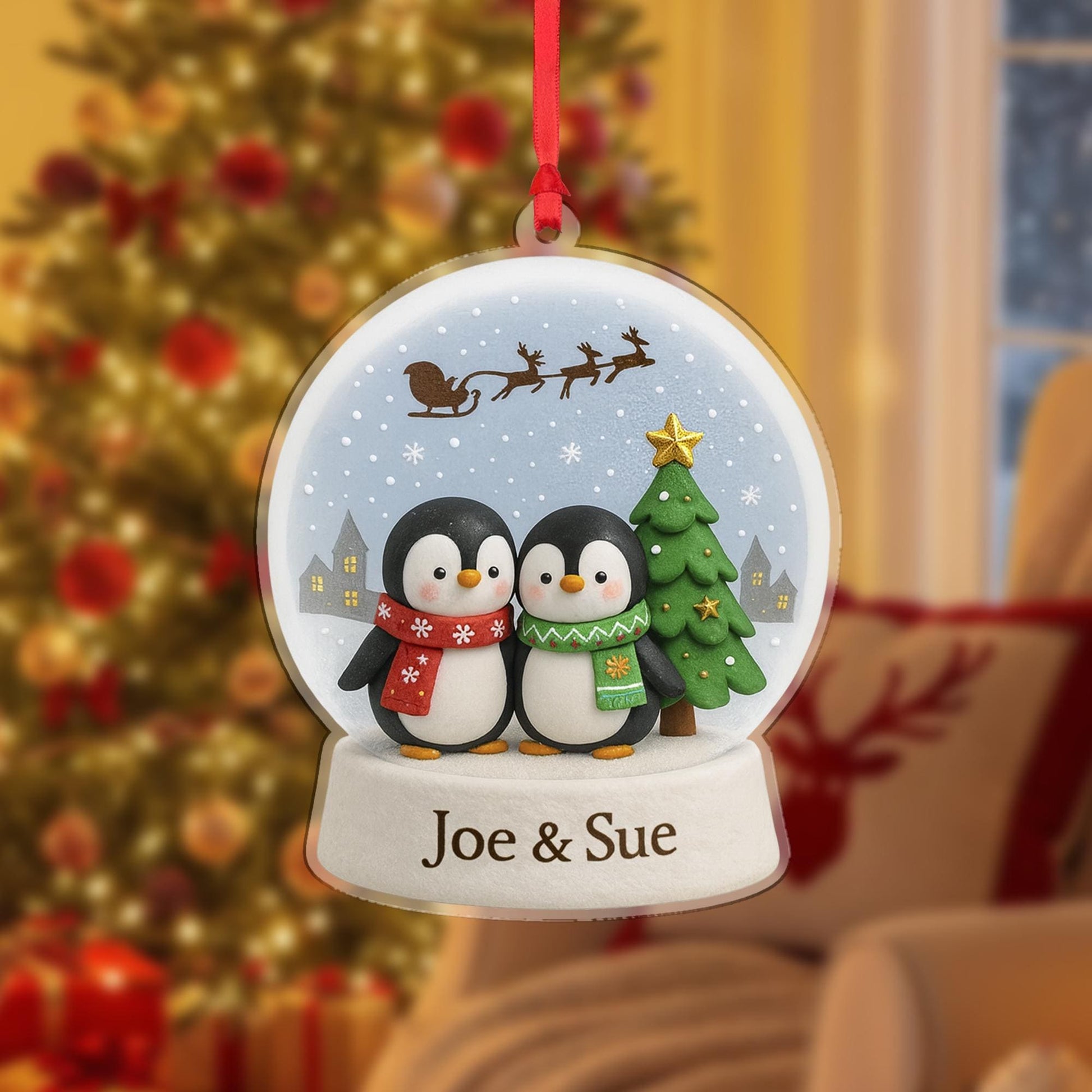 Penguin Couple Ornament Personalized Christmas Tree Holiday Suncatcher