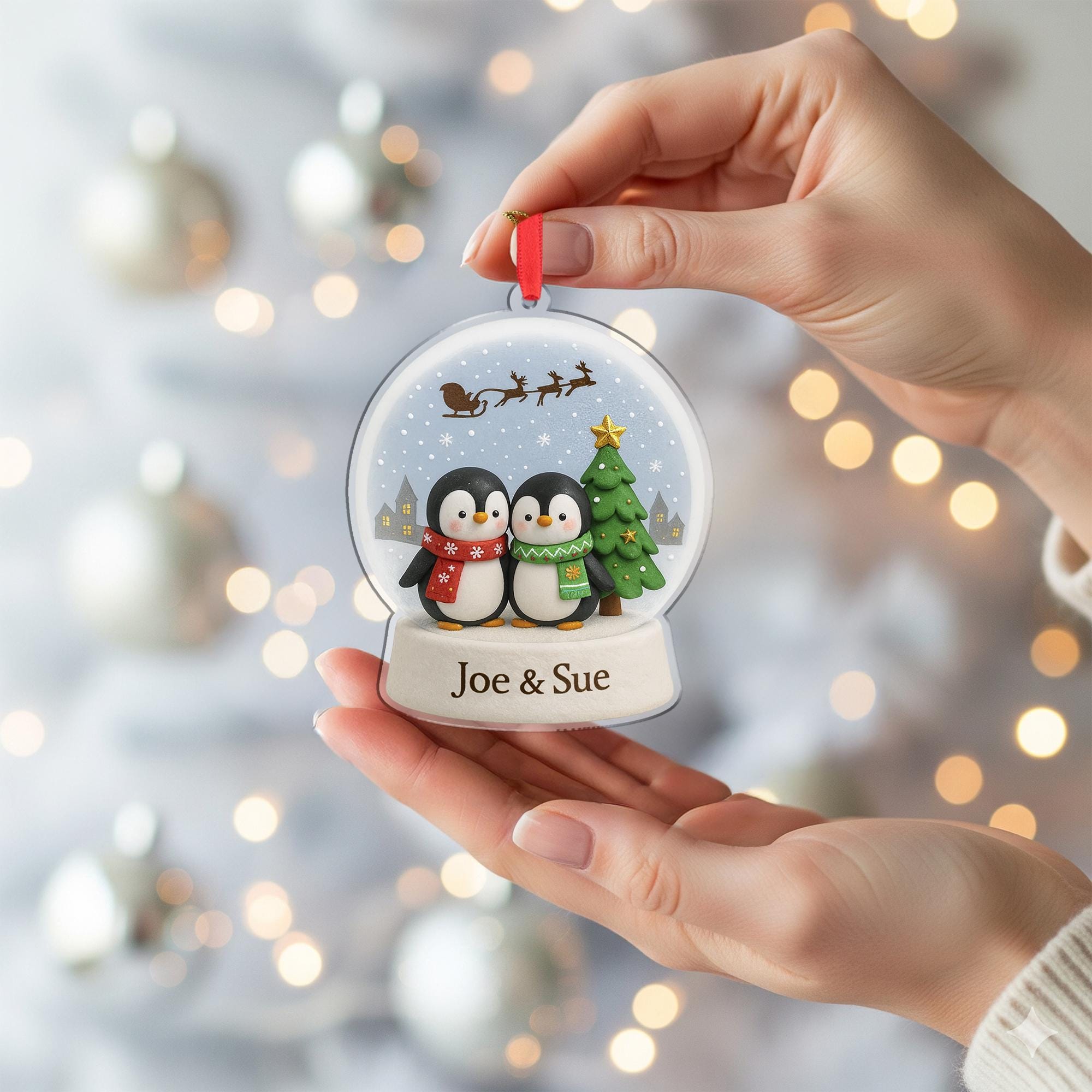 Penguin Couple Ornament Personalized Christmas Tree Holiday Suncatcher