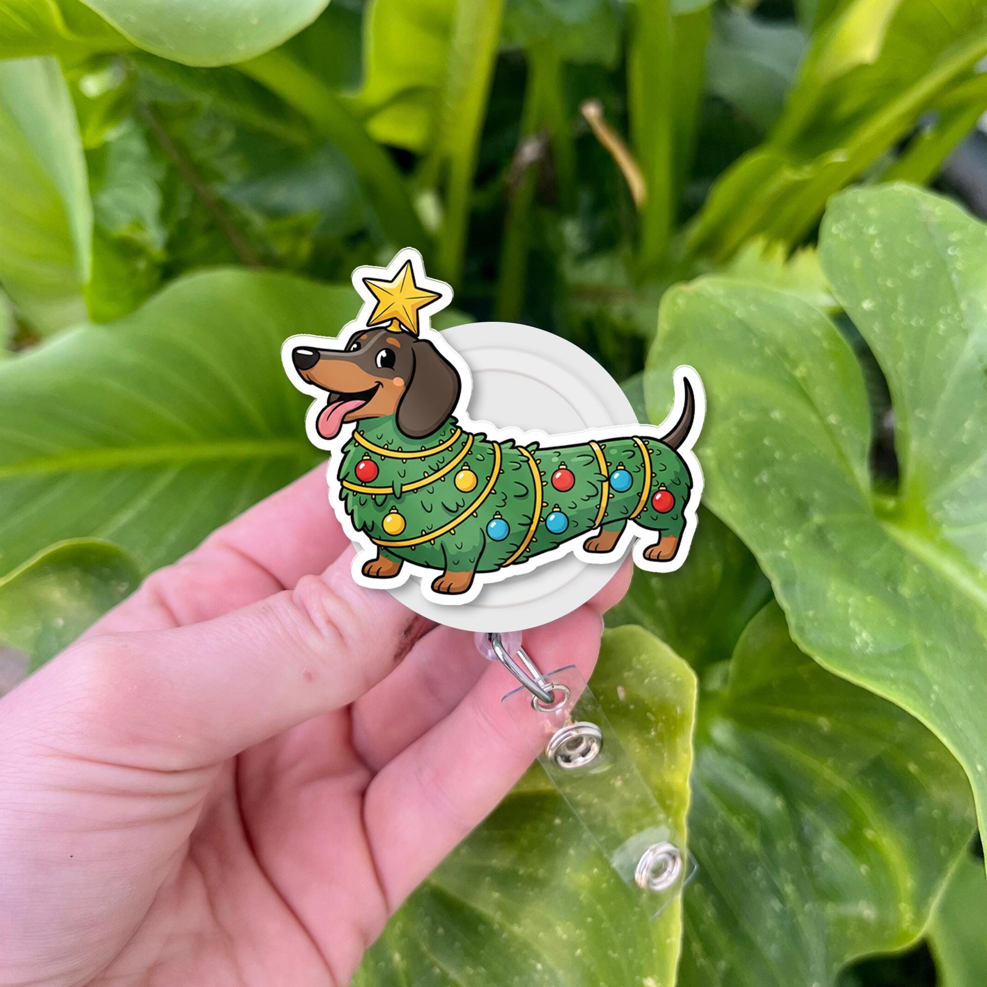 Dachshund Christmas Tree Costumed Badge Reel, Retractable ID Holder