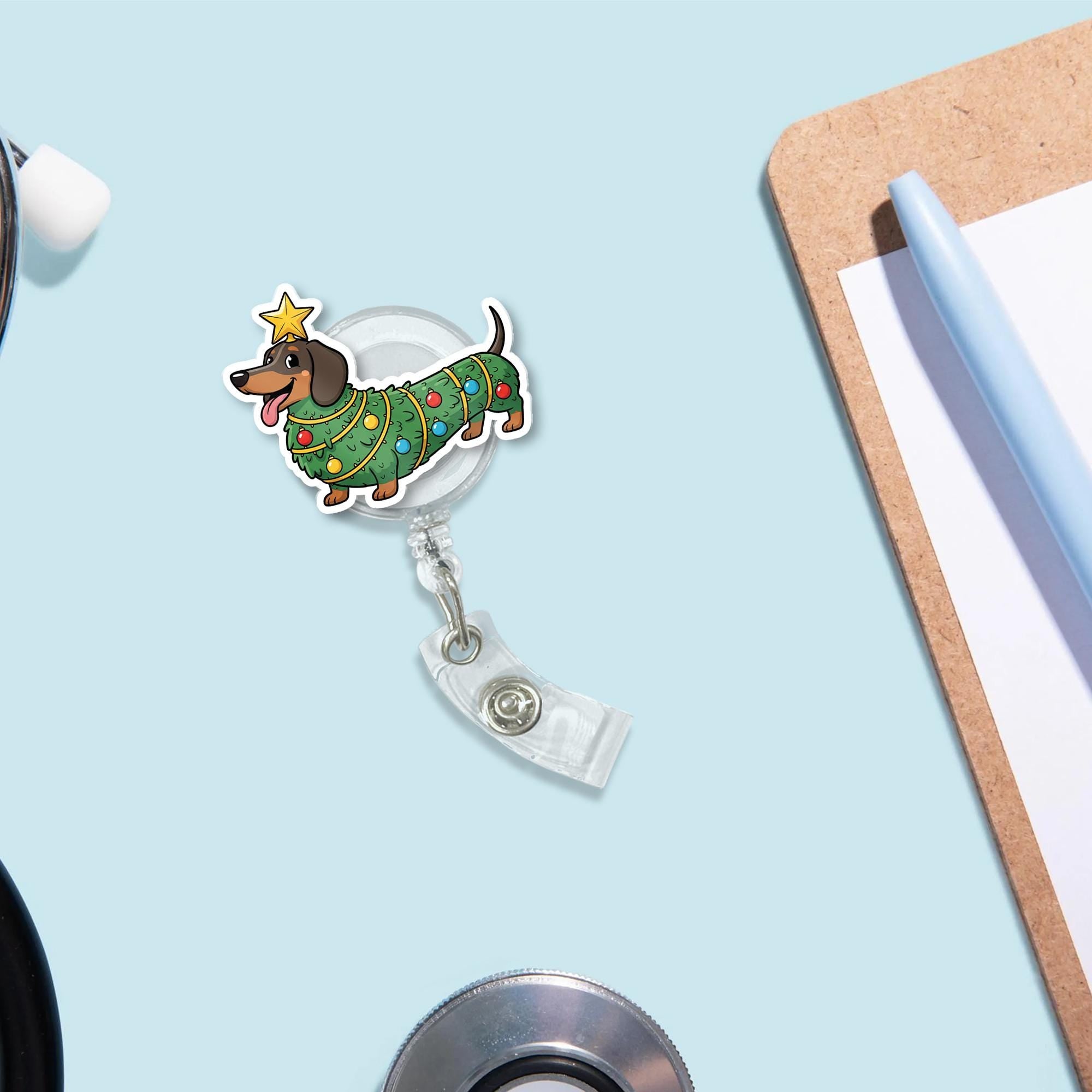 Dachshund Christmas Tree Costumed Badge Reel, Retractable ID Holder