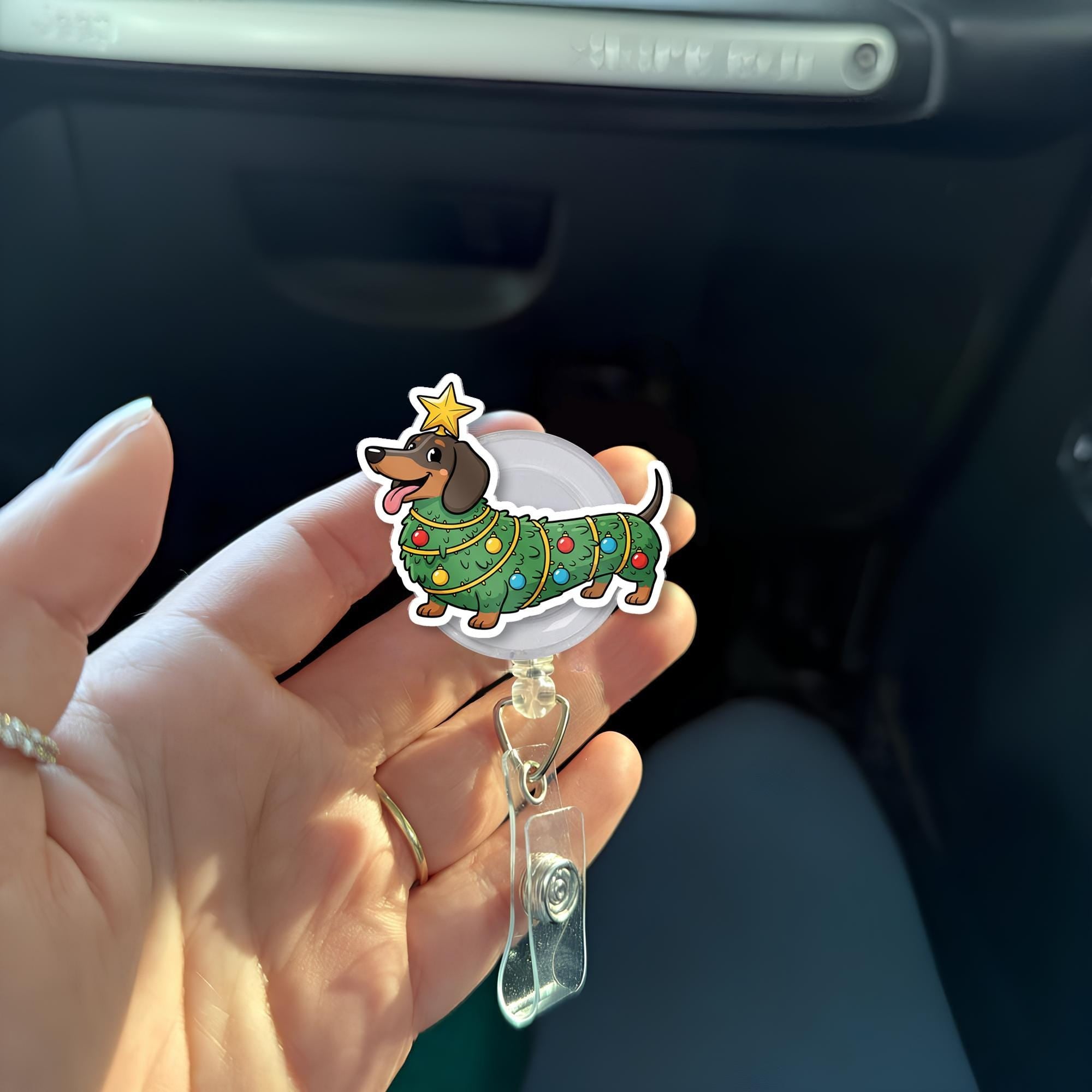 Dachshund Christmas Tree Costumed Badge Reel, Retractable ID Holder