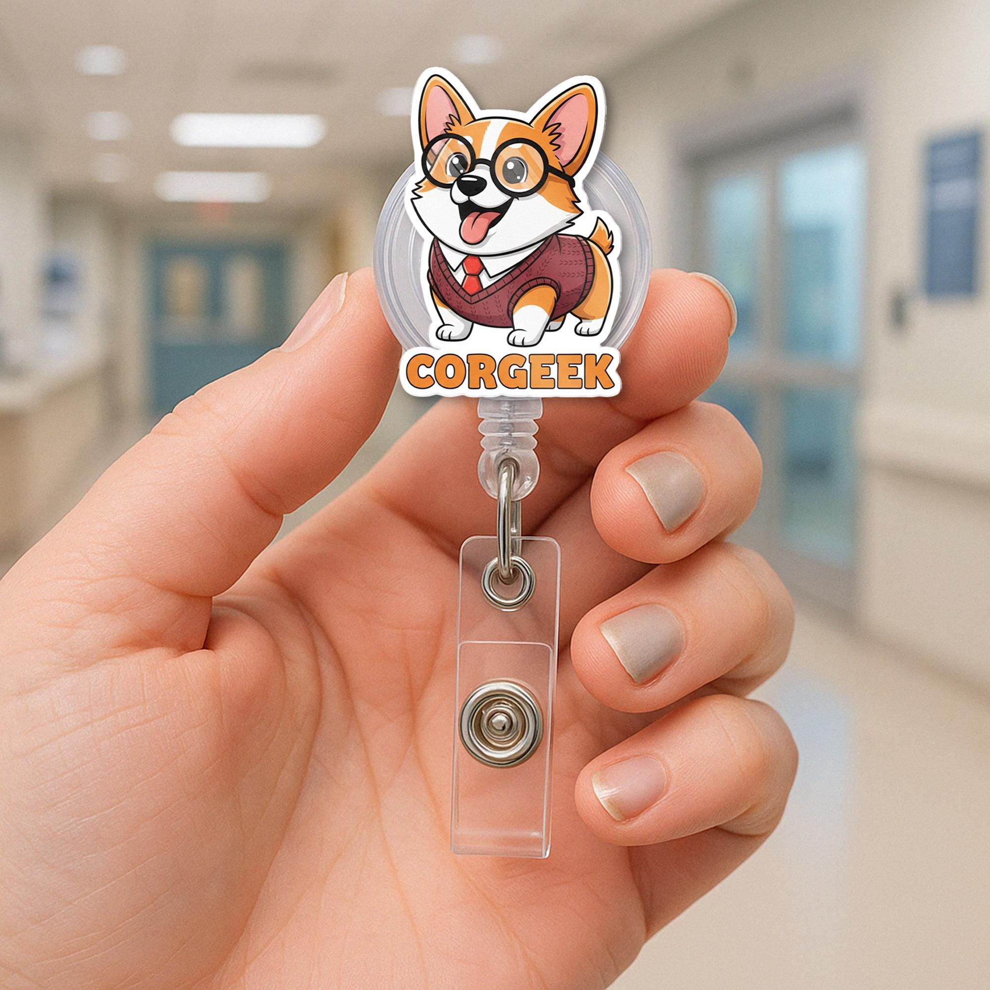 Corgi Geek Badge Reel ID Holder, Retractable Clip Nerd Dog