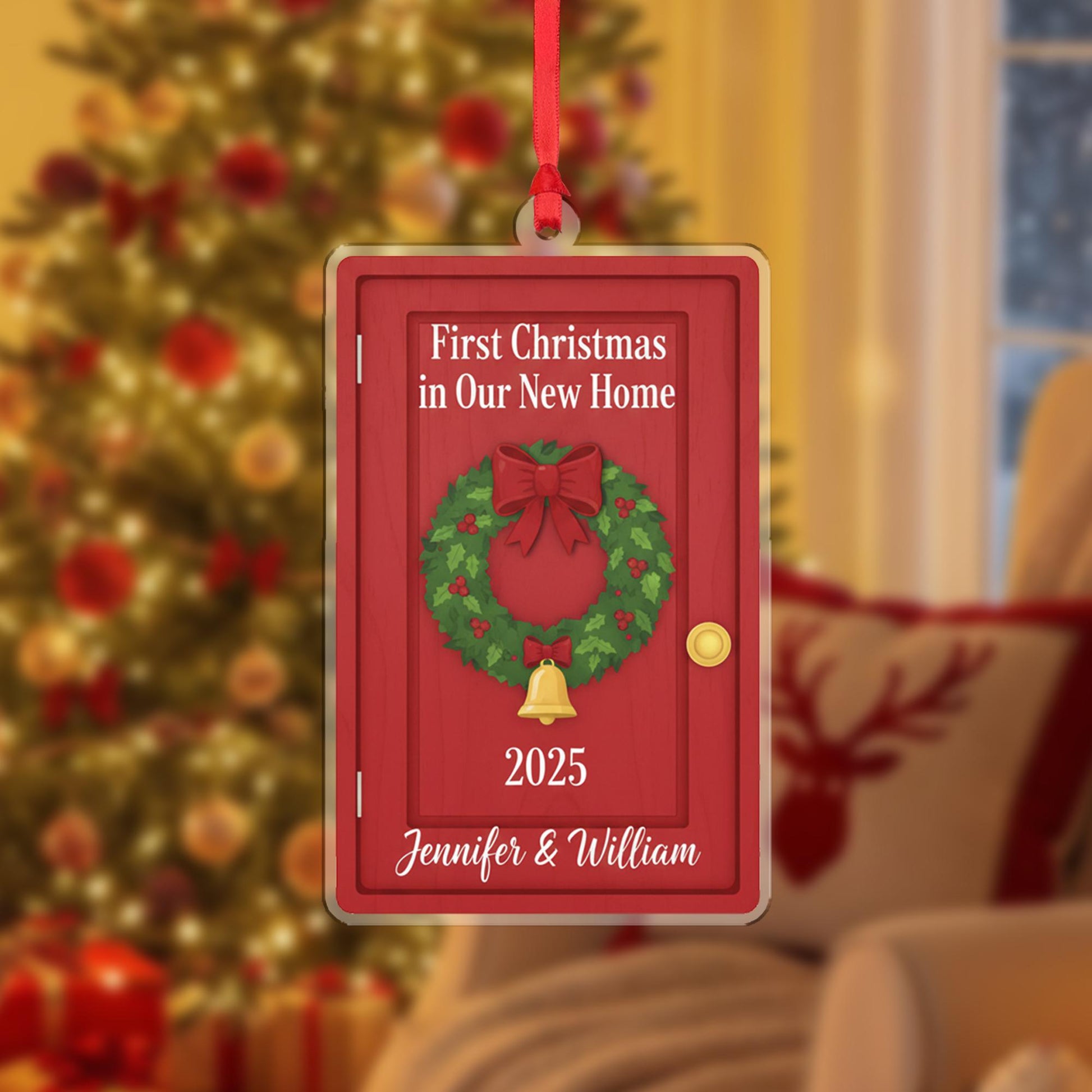 Personalized First Christmas in New Home Ornament : Red Door Wreath Holiday Decoration, Housewarming Ornament