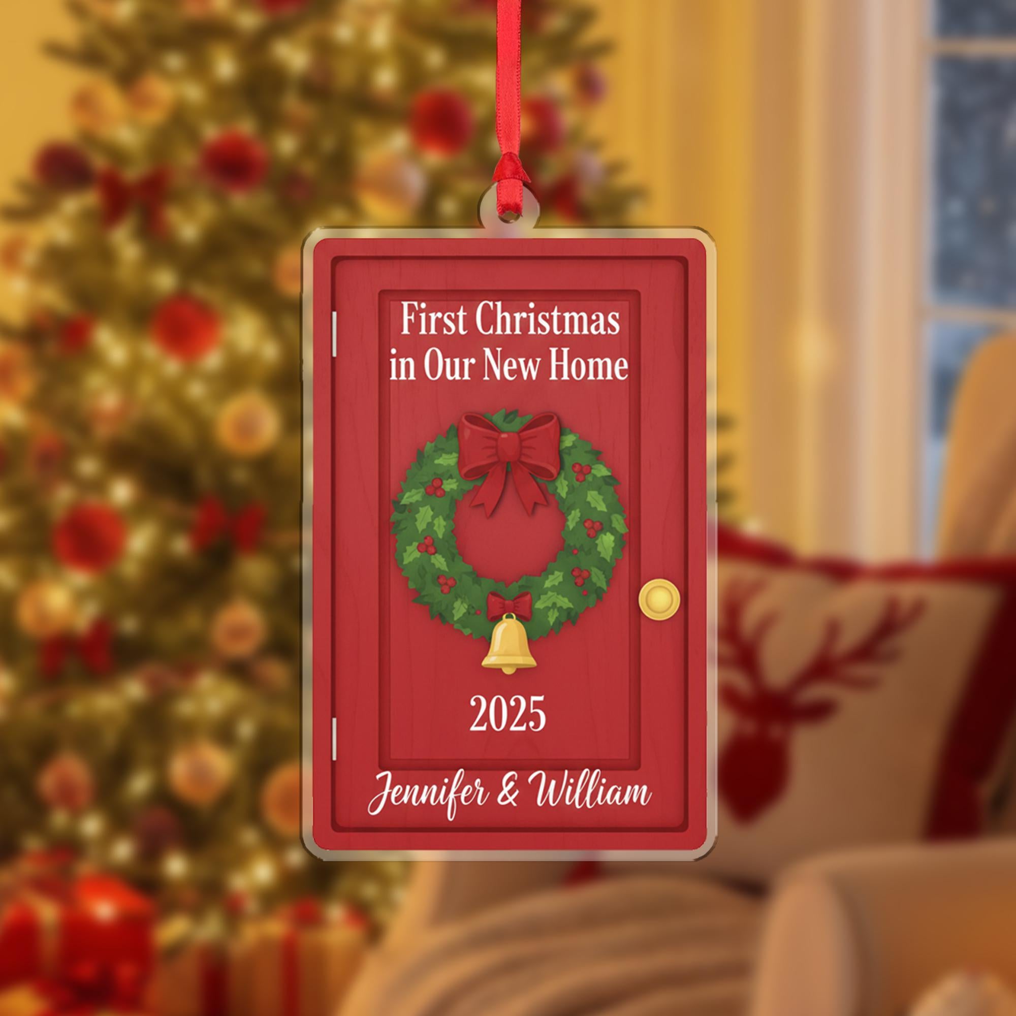 Personalized First Christmas in New Home Ornament : Red Door Wreath Holiday Decoration, Housewarming Ornament
