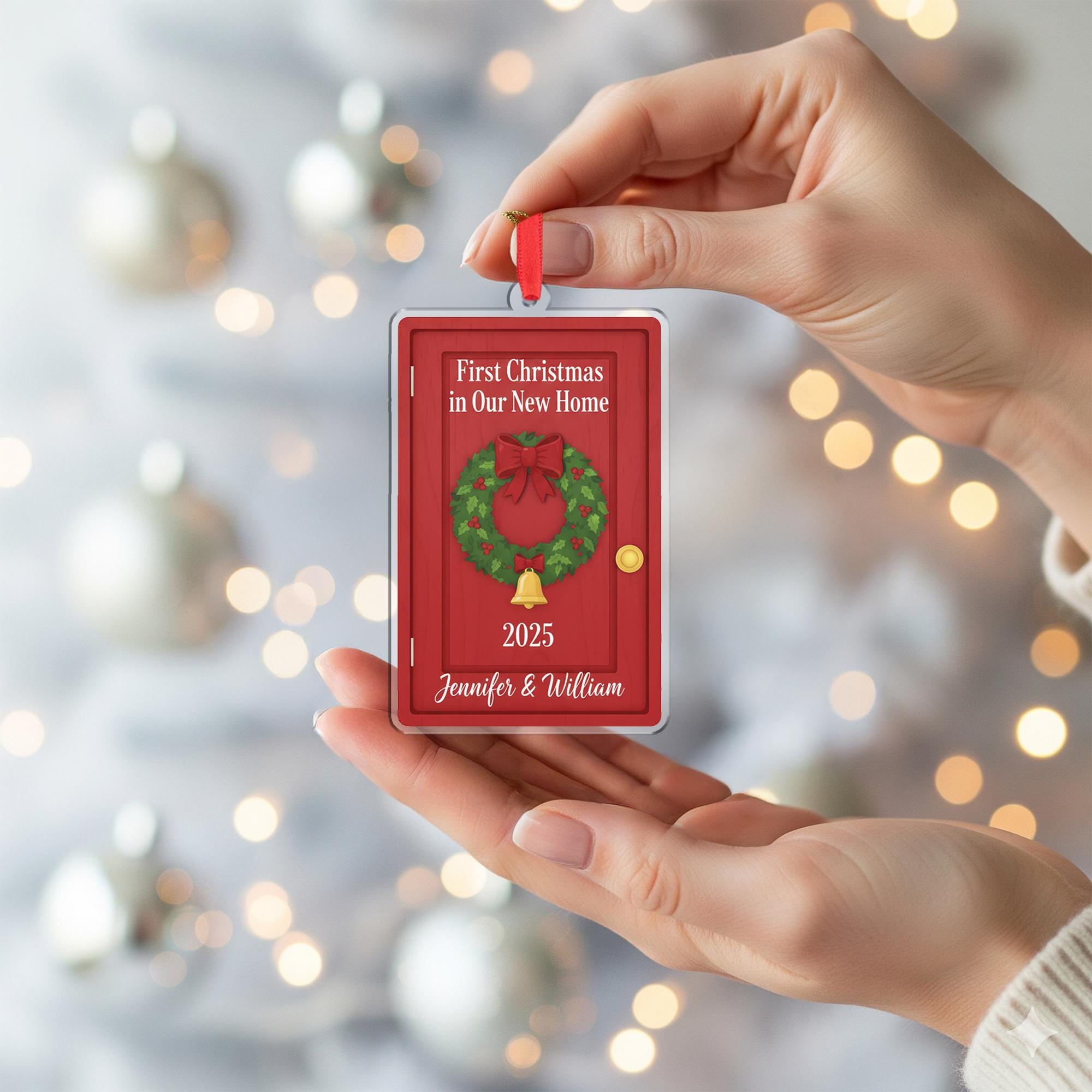 Personalized First Christmas in New Home Ornament : Red Door Wreath Holiday Decoration, Housewarming Ornament