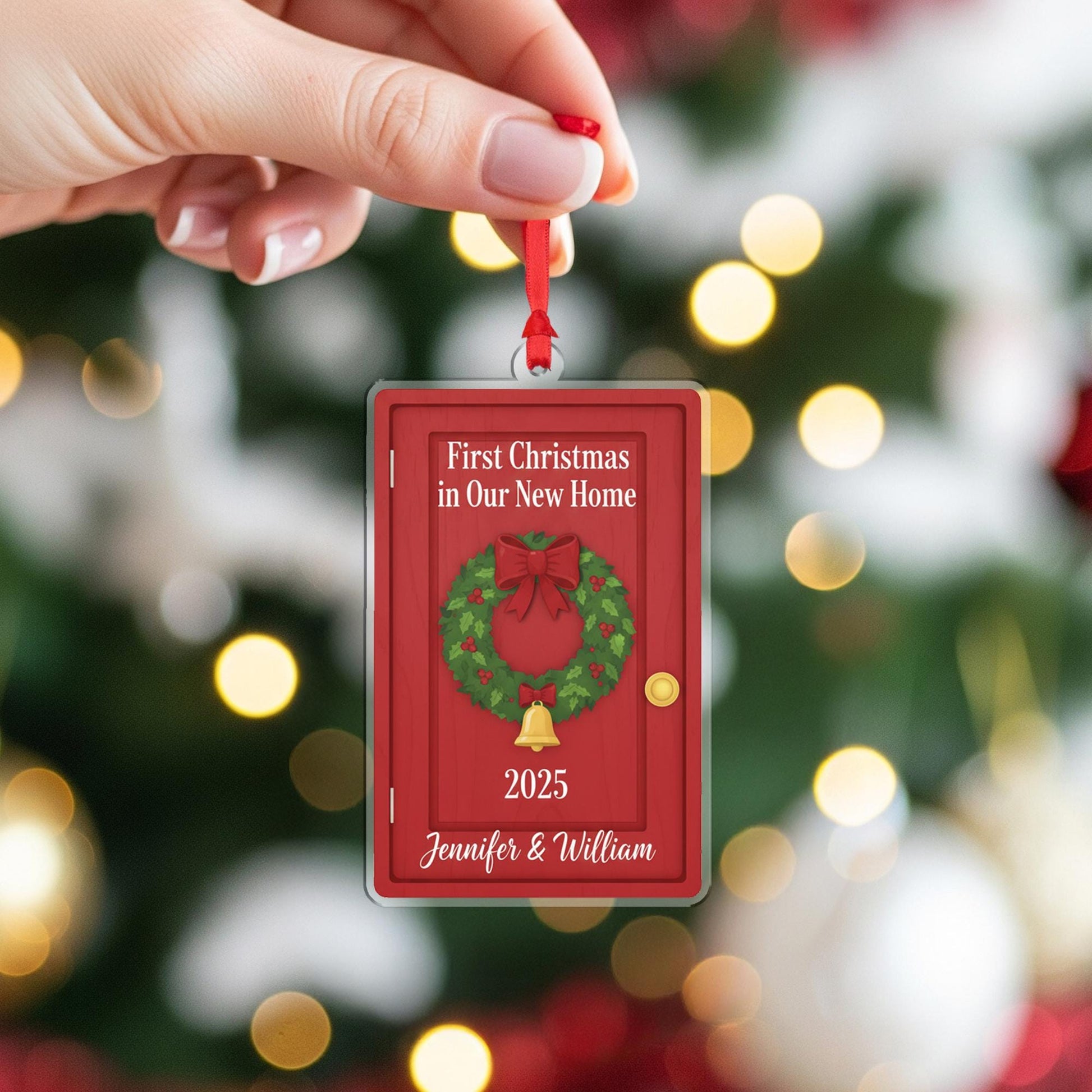 Personalized First Christmas in New Home Ornament : Red Door Wreath Holiday Decoration, Housewarming Ornament