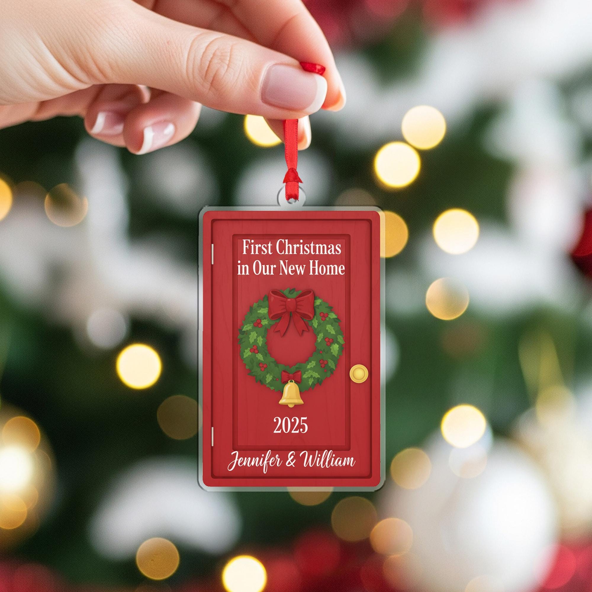 Personalized First Christmas in New Home Ornament : Red Door Wreath Holiday Decoration, Housewarming Ornament