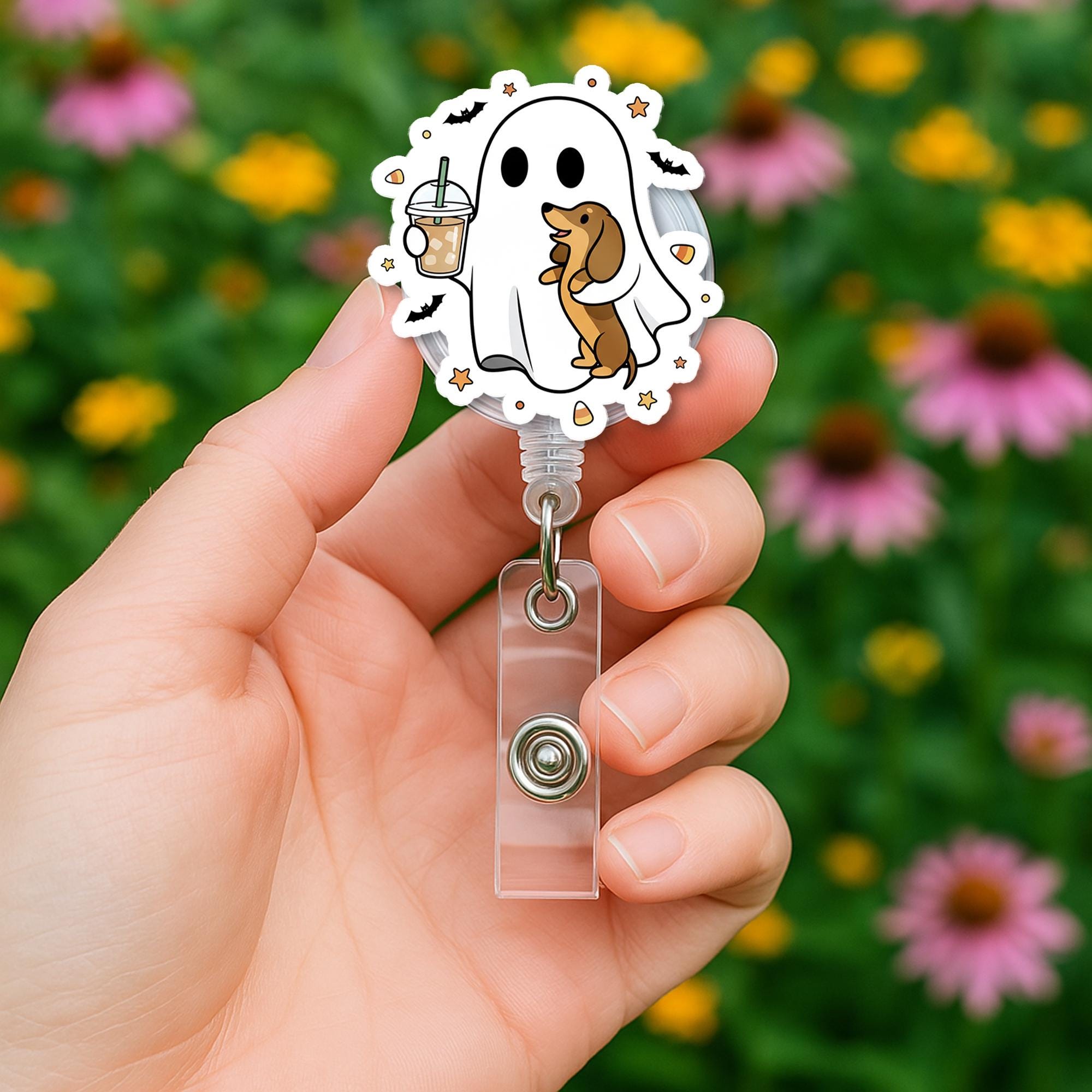Badge Reel Ghost Dog Acrylic Top Retractable ID Holder