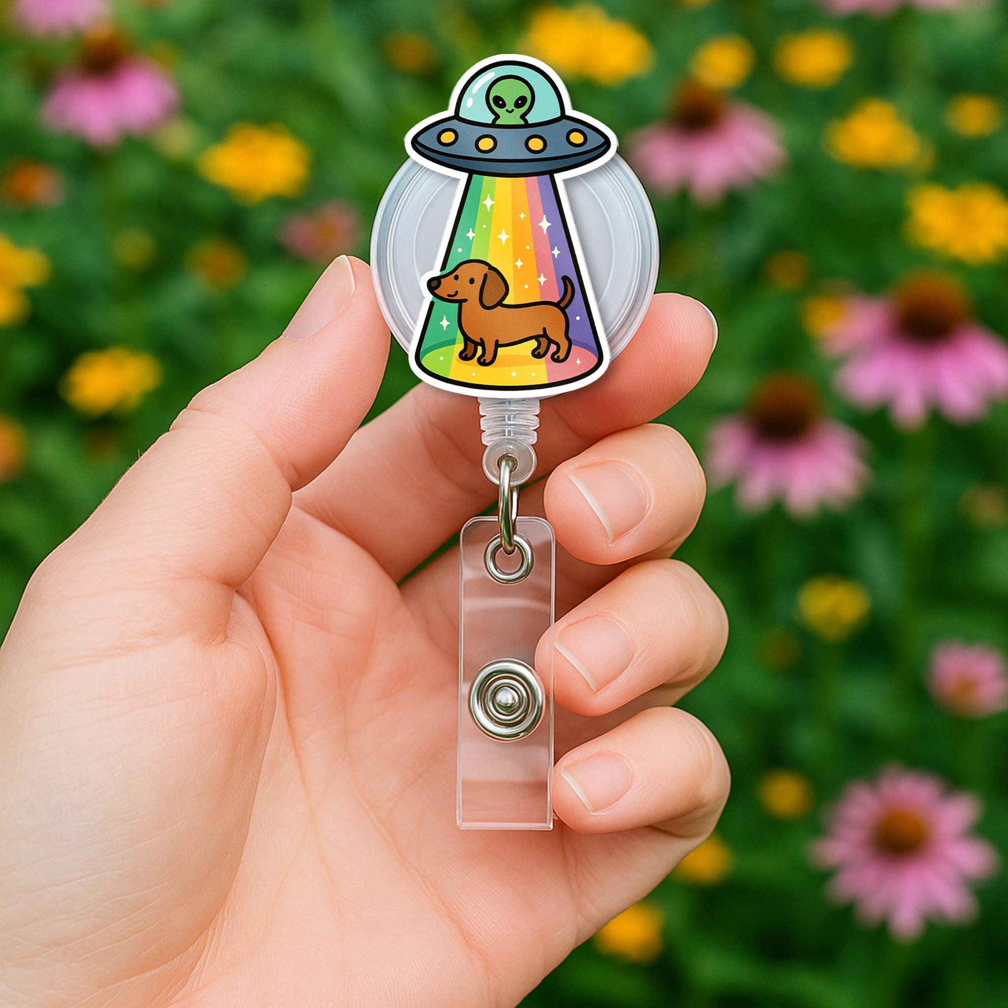 Dachshund UFO Badge Reel: Alien Spaceship ID Holder