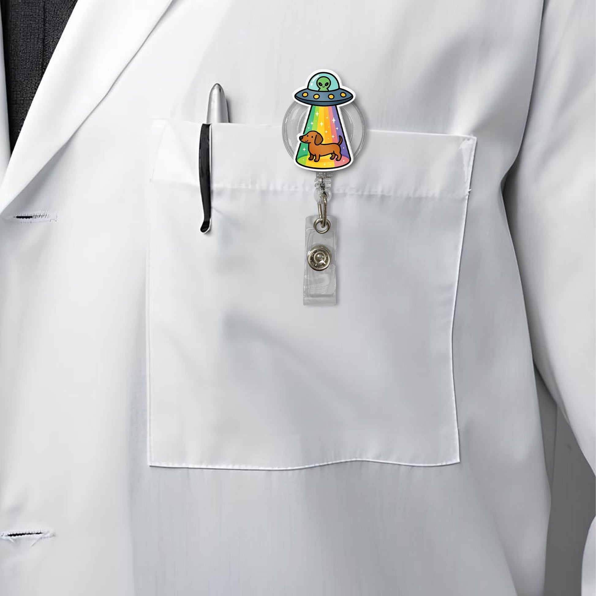 Dachshund UFO Badge Reel: Alien Spaceship ID Holder
