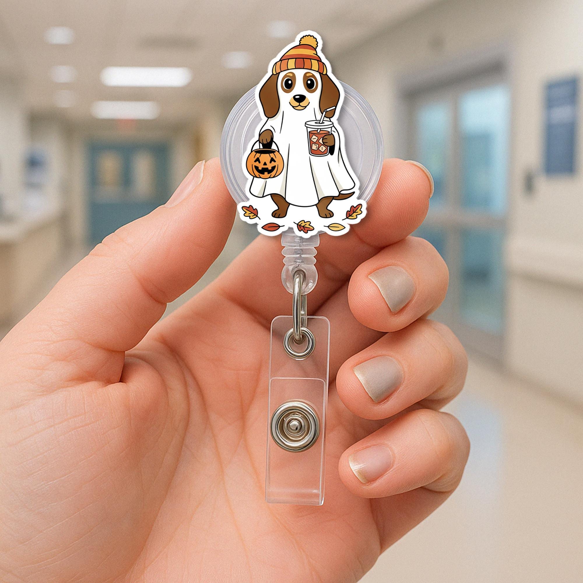 Ghost Dog Badge Reel with Pumpkin & Retractable Clip ID Holder