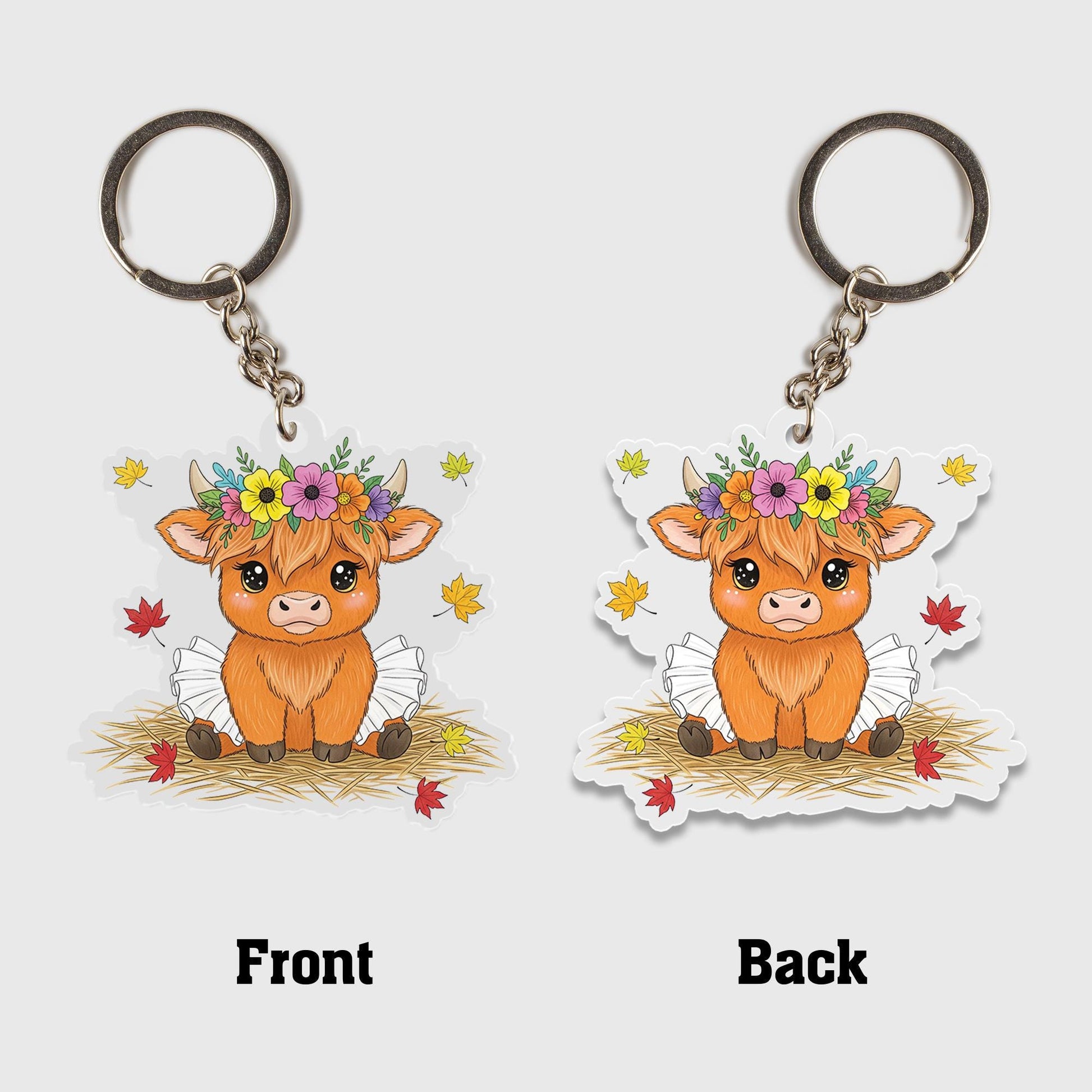 Cute Highland Cow Keychain – Kawaii Calf Acrylic Charm with Flower Crown, Fall Leaves, Farm Animal Gift, Cow Lover Accessory