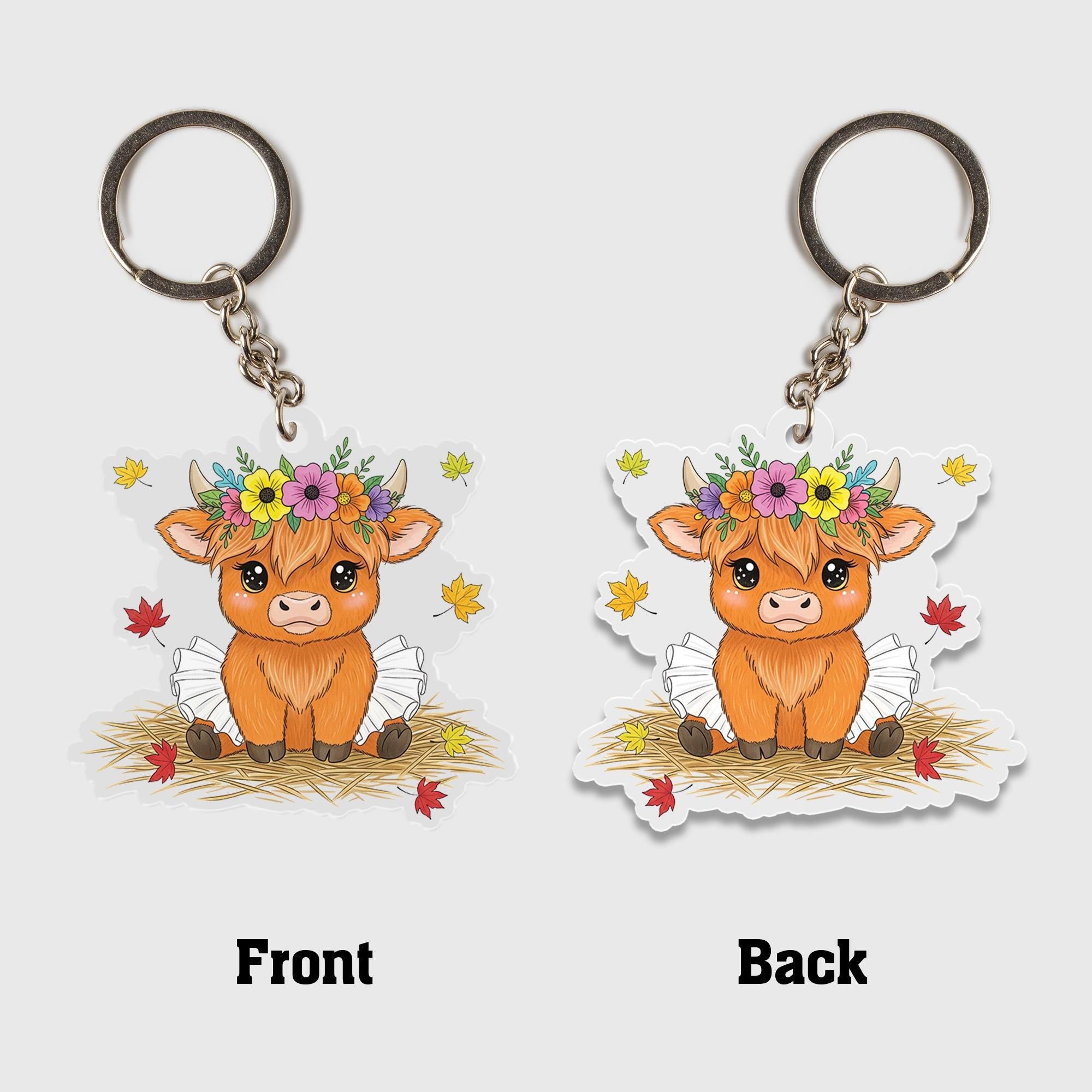 Cute Highland Cow Keychain – Kawaii Calf Acrylic Charm with Flower Crown, Fall Leaves, Farm Animal Gift, Cow Lover Accessory