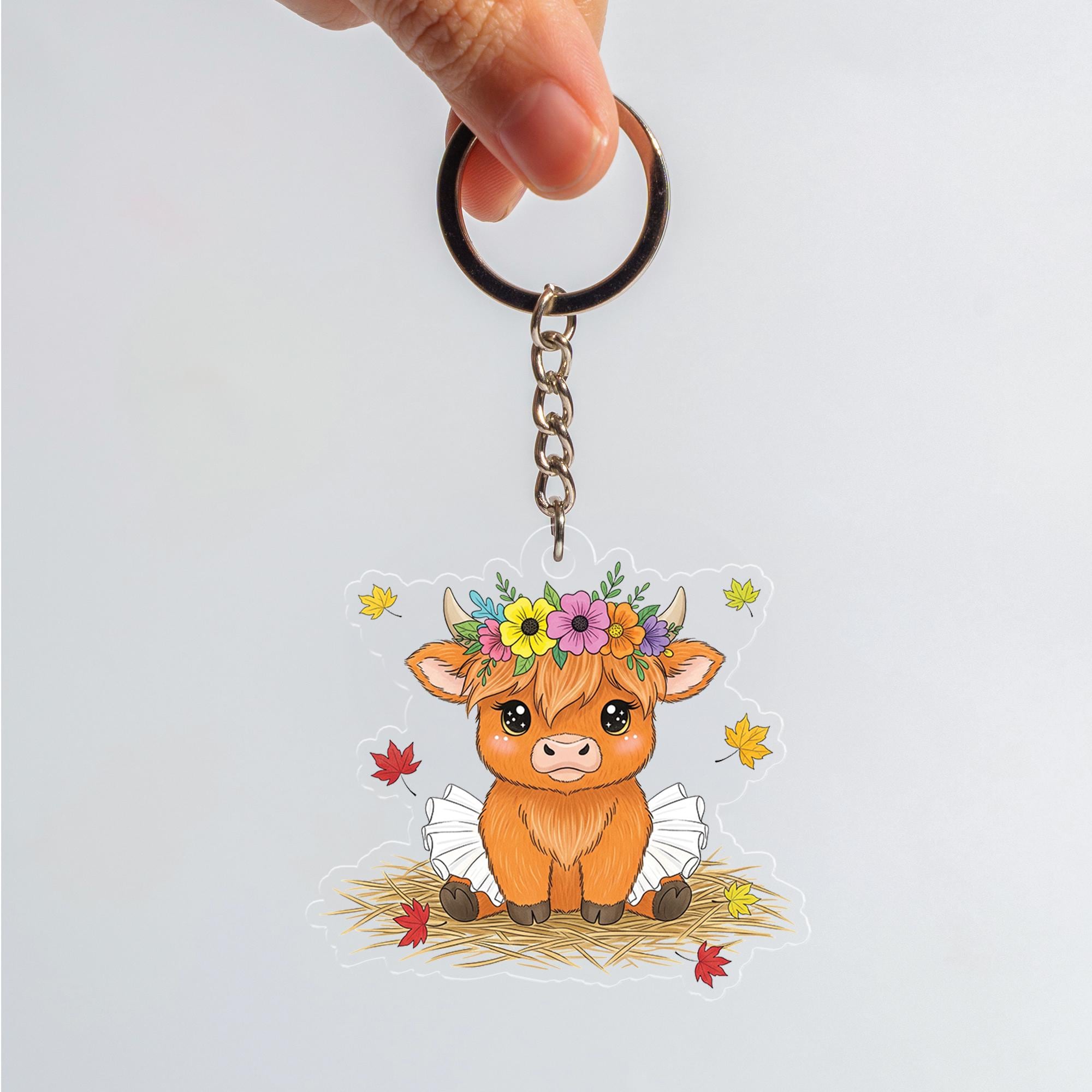 Cute Highland Cow Keychain – Kawaii Calf Acrylic Charm with Flower Crown, Fall Leaves, Farm Animal Gift, Cow Lover Accessory