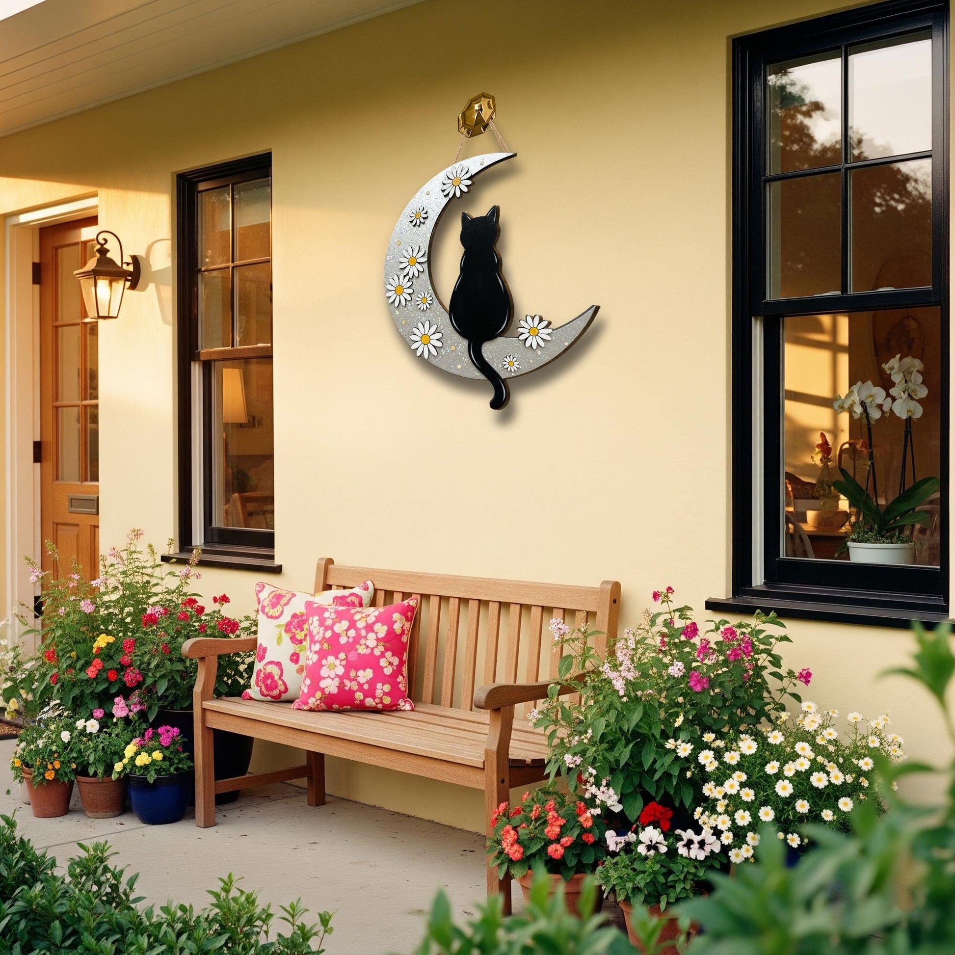 Black Cat Moon Wooden Sign: Witchy Daisies Wall Decor