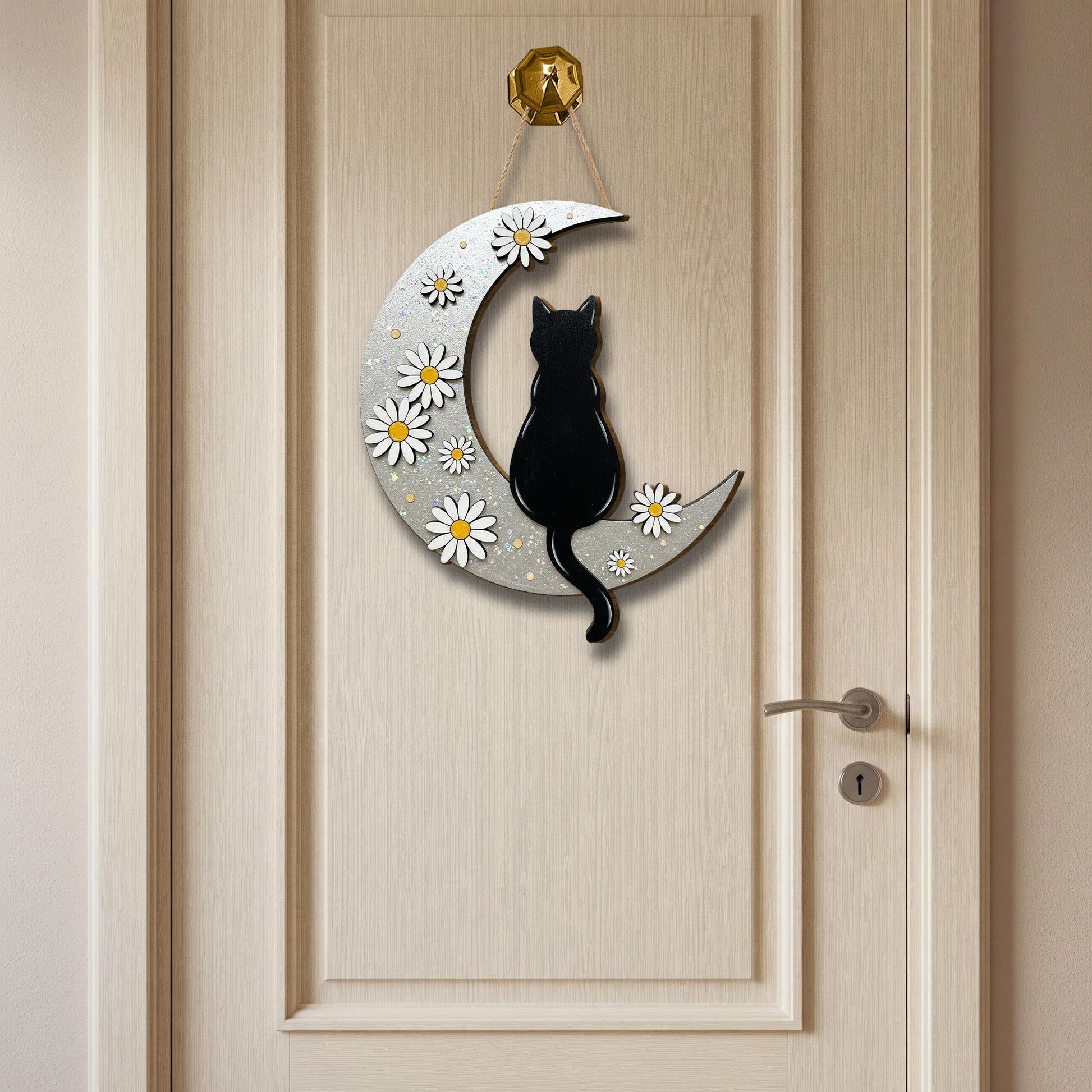 Black Cat Moon Wooden Sign: Witchy Daisies Wall Decor