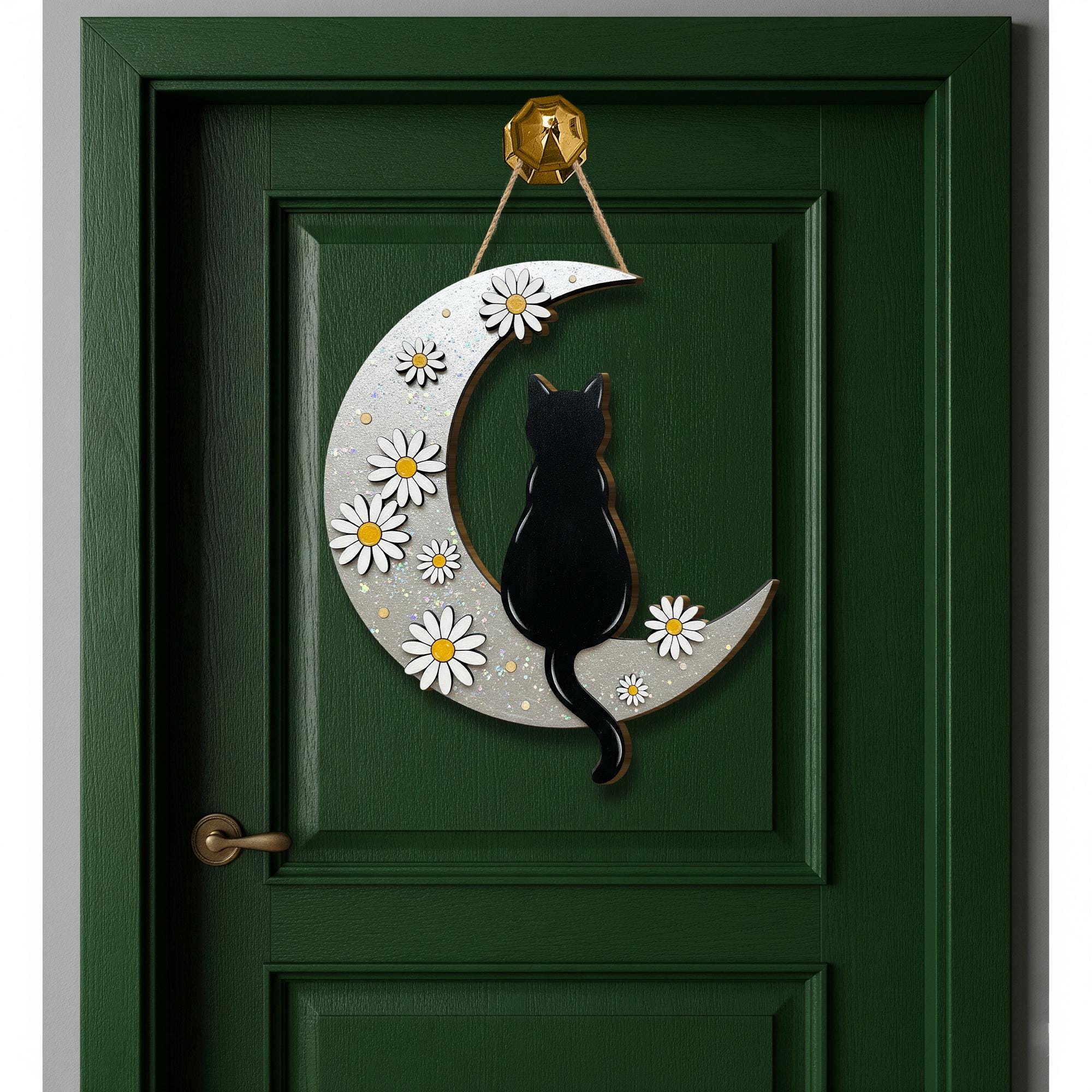 Black Cat Moon Wooden Sign: Witchy Daisies Wall Decor