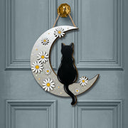 Black Cat Moon Wooden Sign: Witchy Daisies Wall Decor