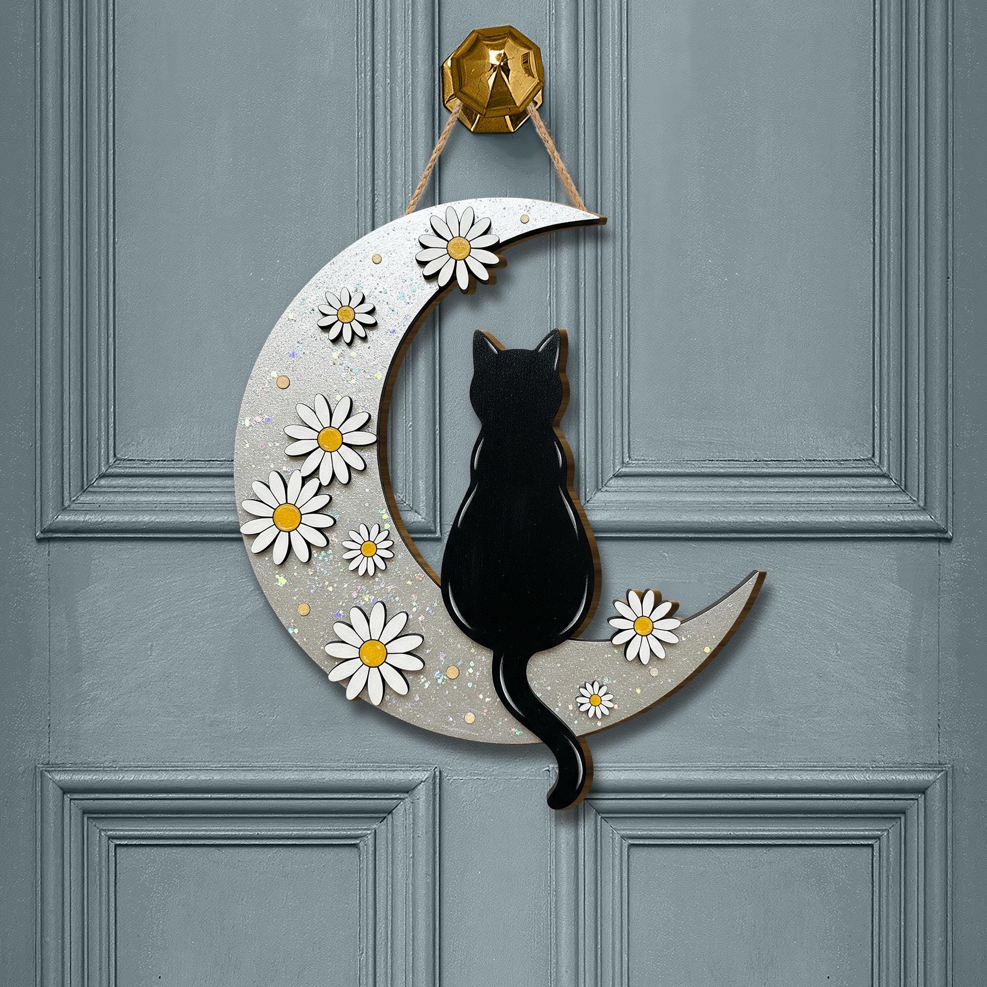 Black Cat Moon Wooden Sign: Witchy Daisies Wall Decor