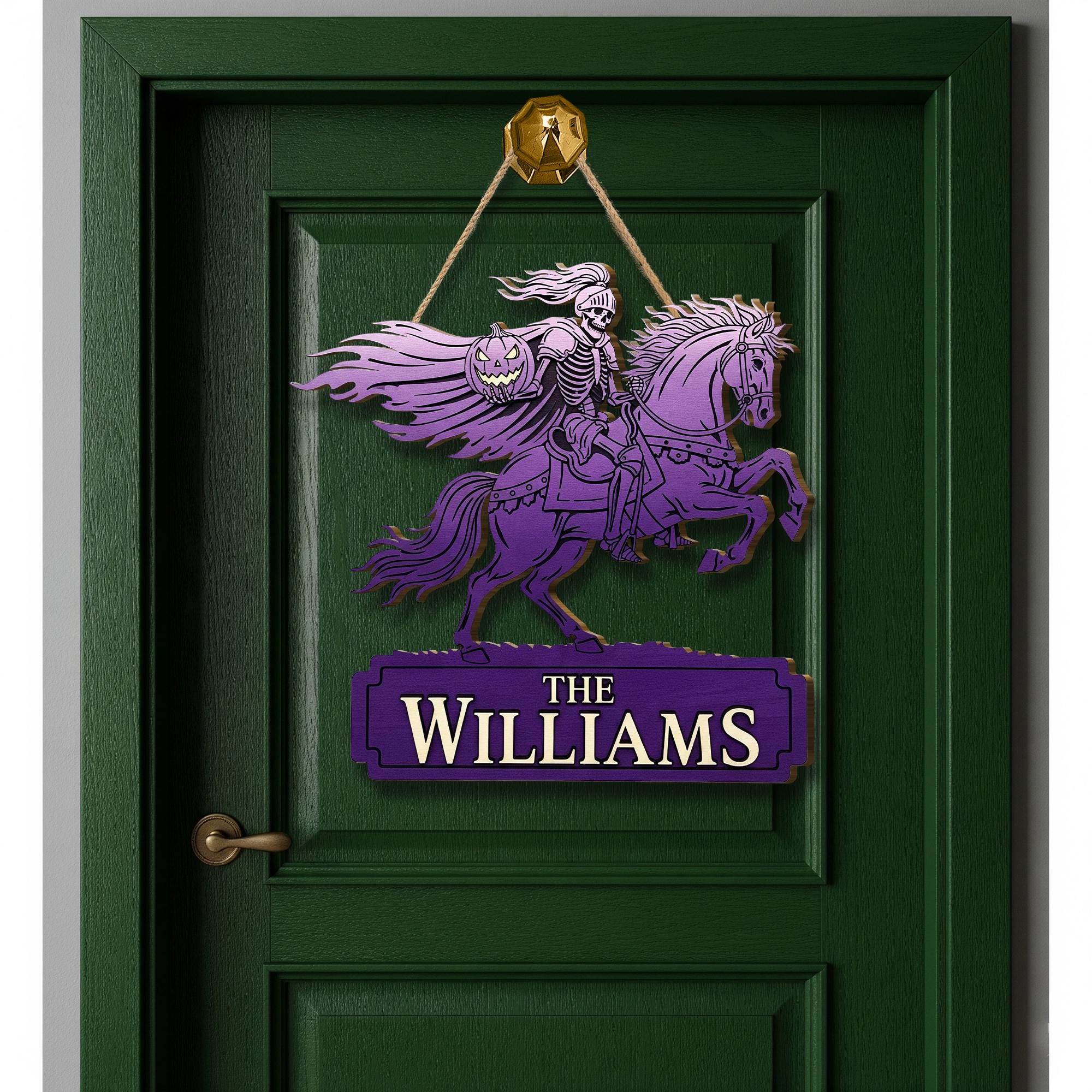 Custom Halloween Wooden Sign: Headless Horseman Family Name Door Hanger