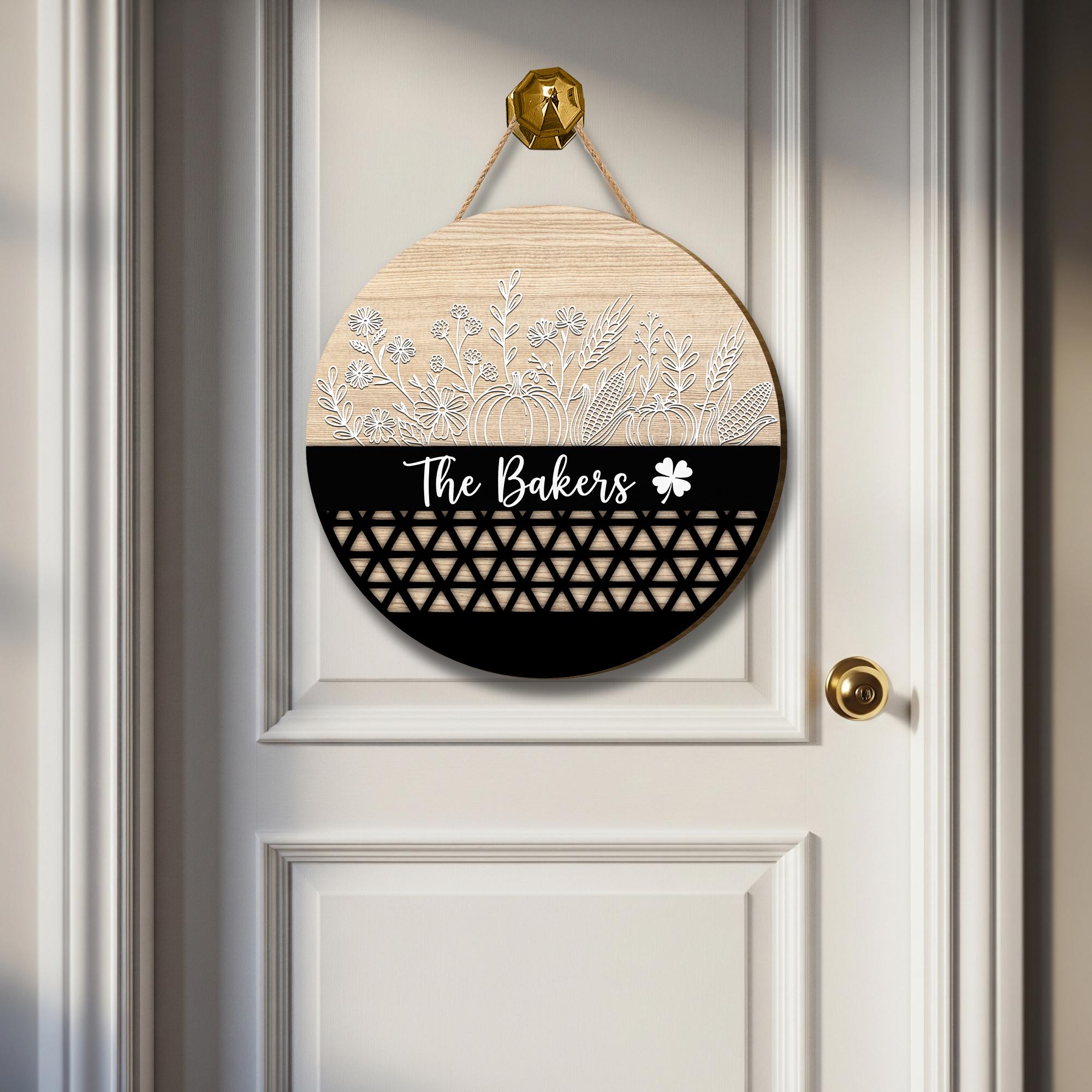 Custom Wooden Family Name Sign: Farmhouse Floral Pumpkin Door Hanger