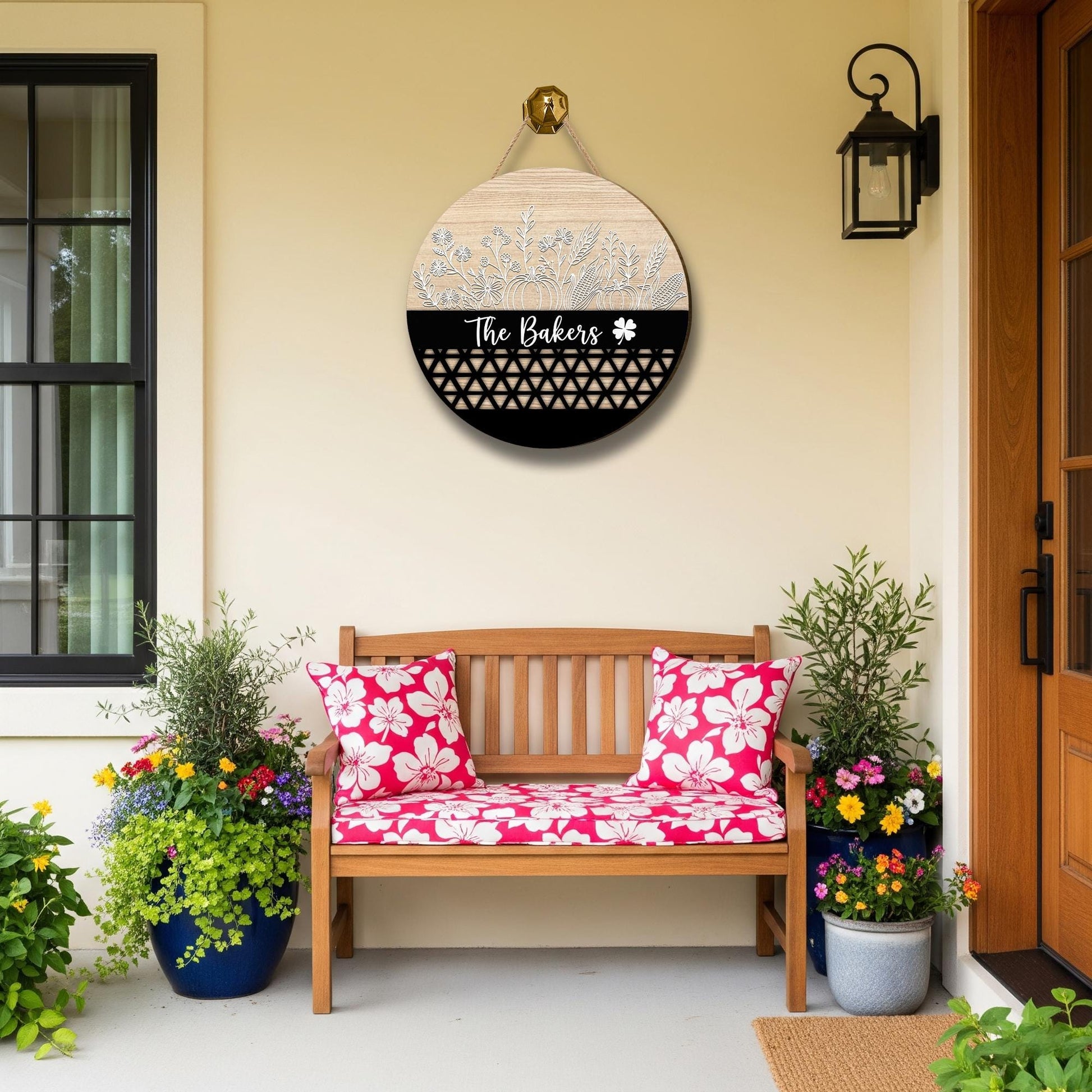 Custom Wooden Family Name Sign: Farmhouse Floral Pumpkin Door Hanger