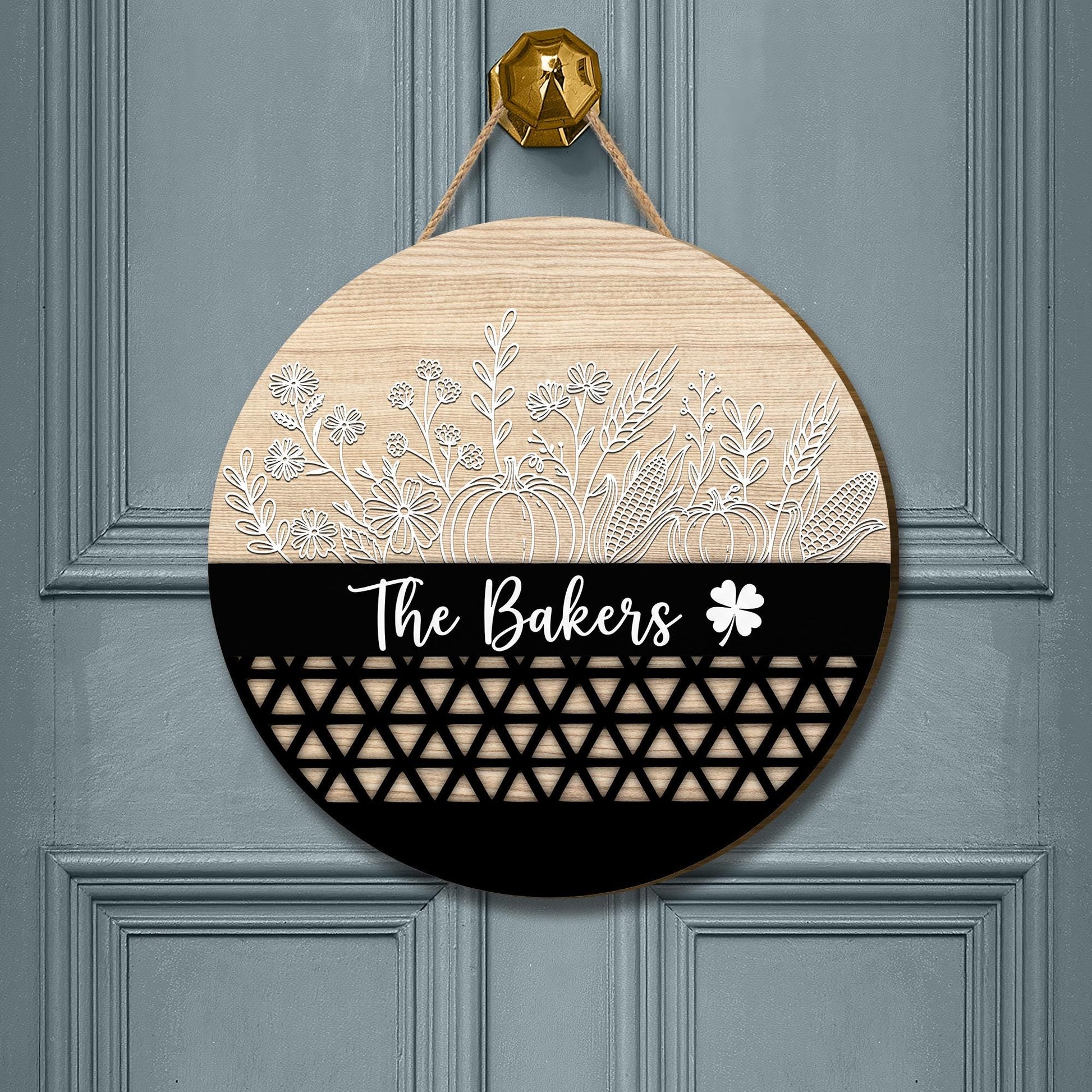 Custom Wooden Family Name Sign: Farmhouse Floral Pumpkin Door Hanger
