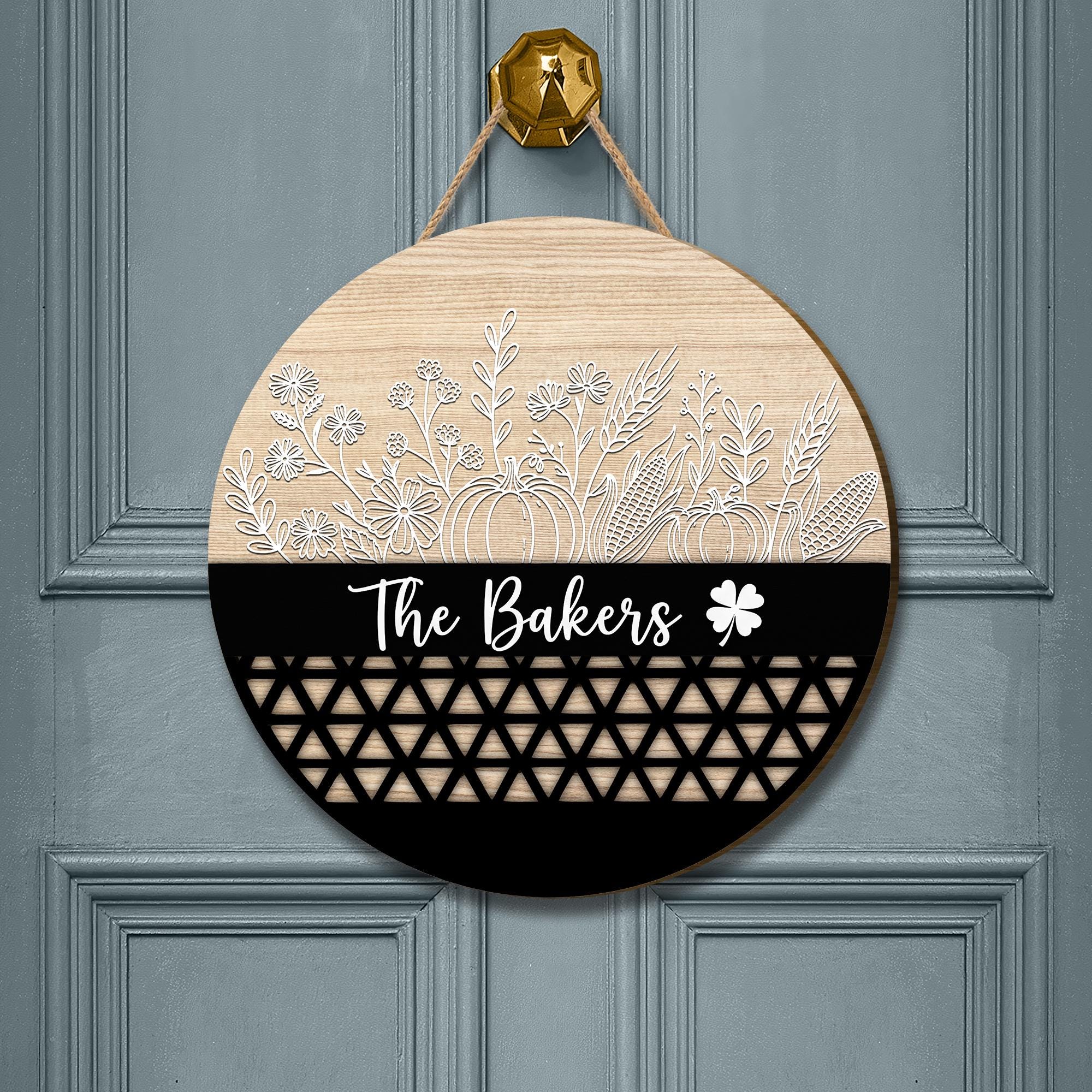 Custom Wooden Family Name Sign: Farmhouse Floral Pumpkin Door Hanger