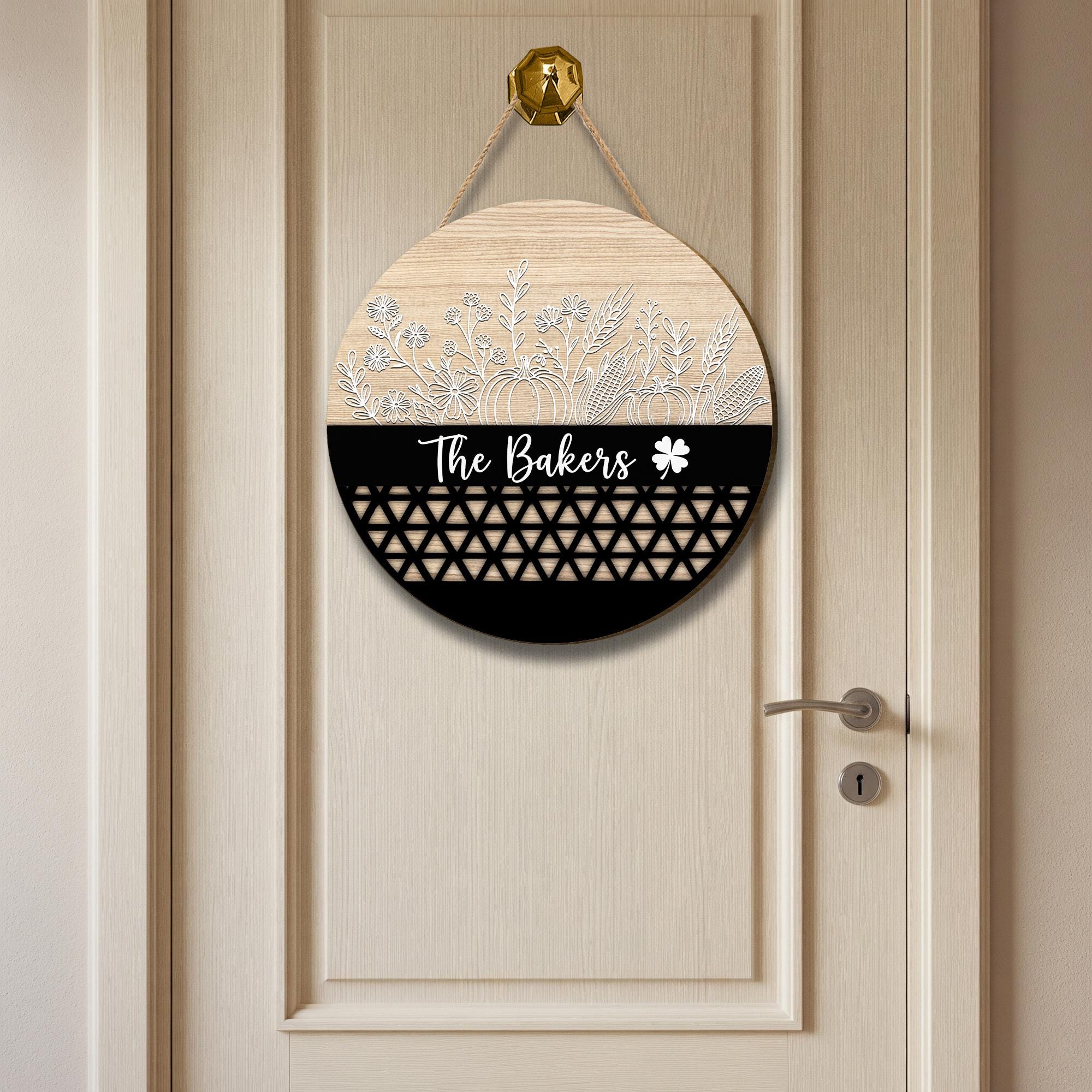 Custom Wooden Family Name Sign: Farmhouse Floral Pumpkin Door Hanger