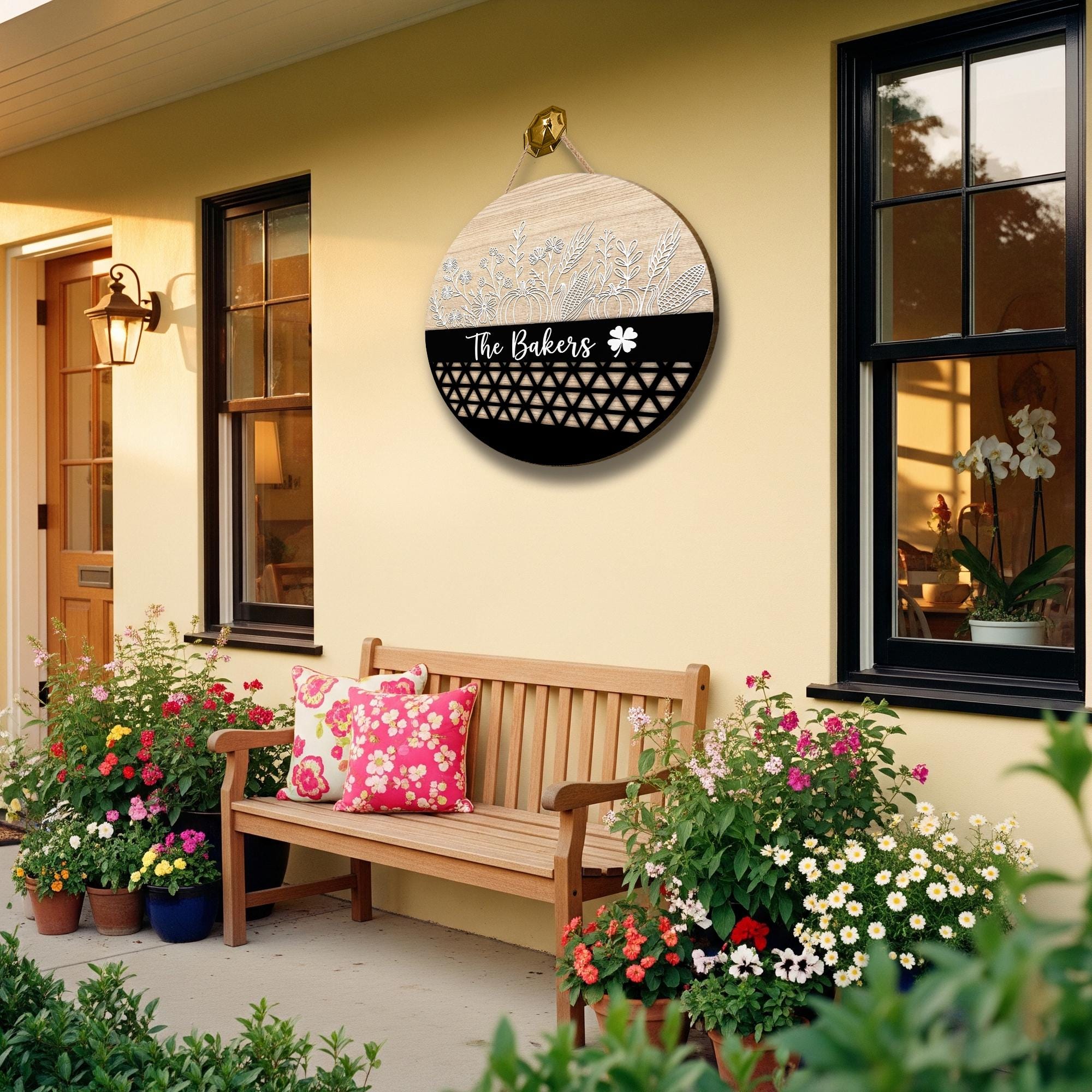 Custom Wooden Family Name Sign: Farmhouse Floral Pumpkin Door Hanger