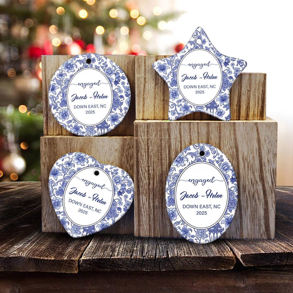 Personalized Chinoiserie Engagement Ornament: Custom Location, First Christmas