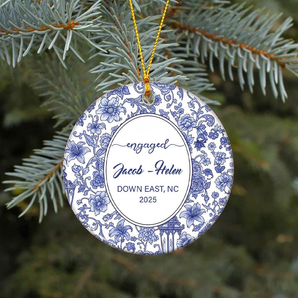 Personalized Chinoiserie Engagement Ornament: Custom Location, First Christmas