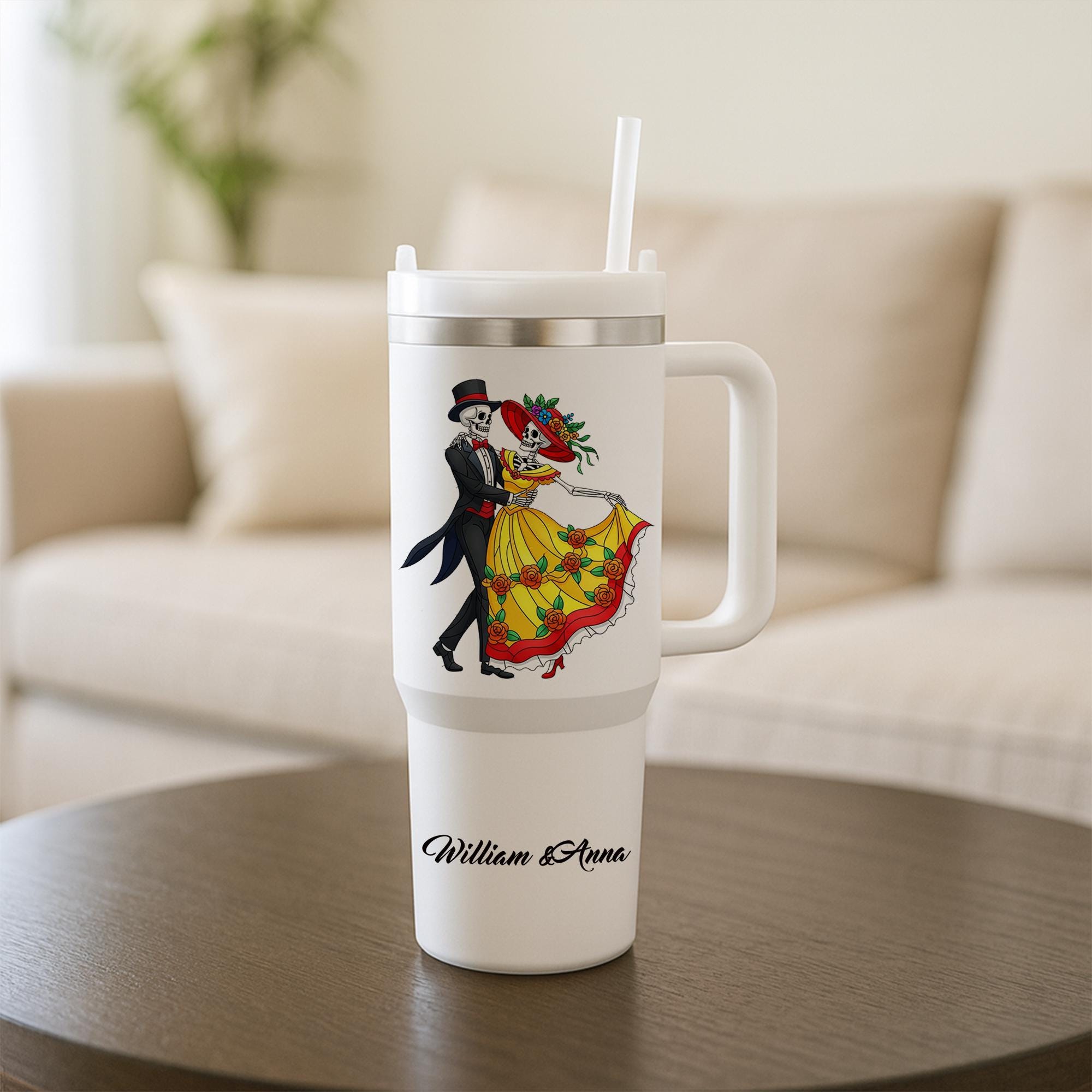 Personalized Day of the Dead Tumbler, Custom Couple Gift with Names, Dancing Skeleton Wedding Anniversary Mug, La Catrina Travel Cup