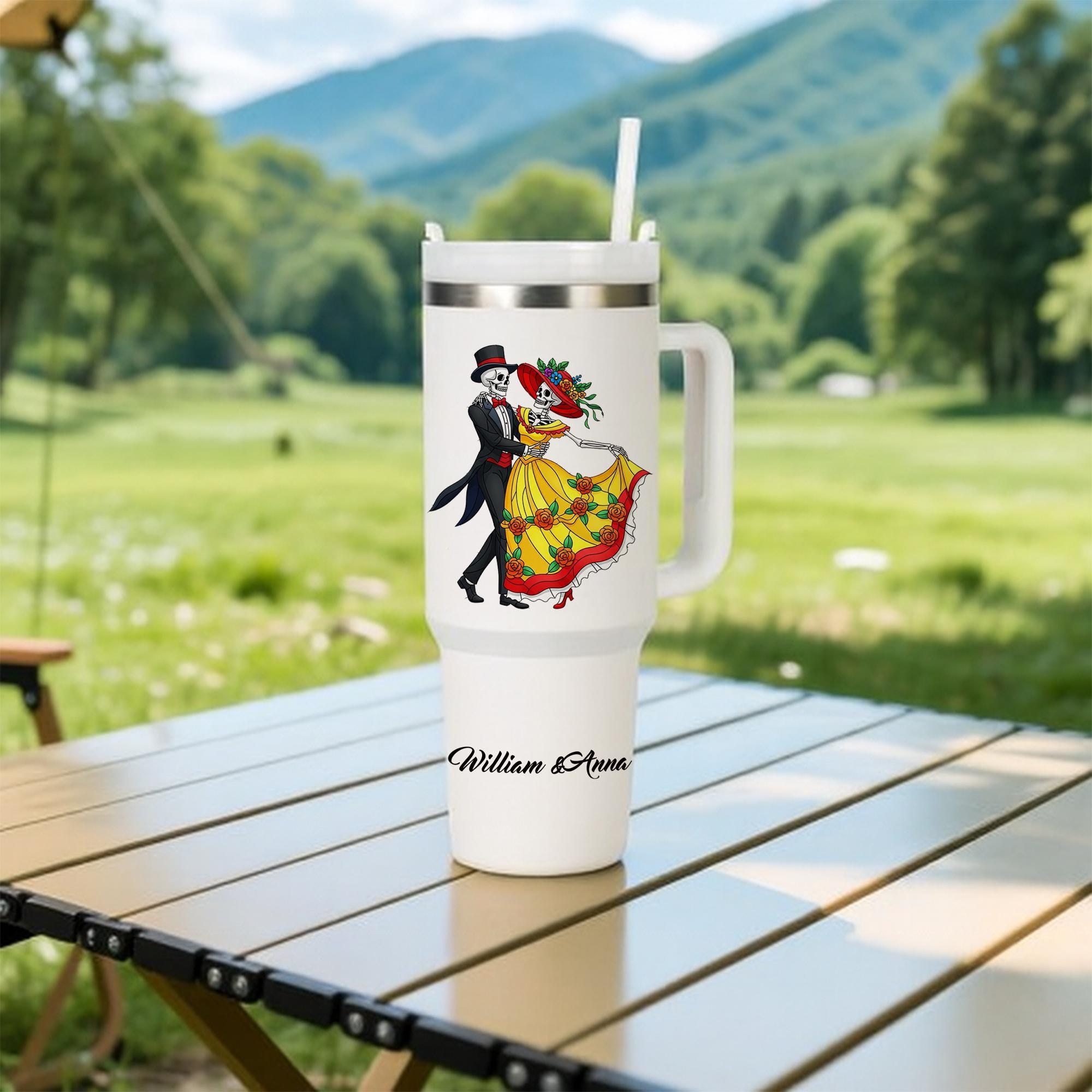 Personalized Day of the Dead Tumbler, Custom Couple Gift with Names, Dancing Skeleton Wedding Anniversary Mug, La Catrina Travel Cup