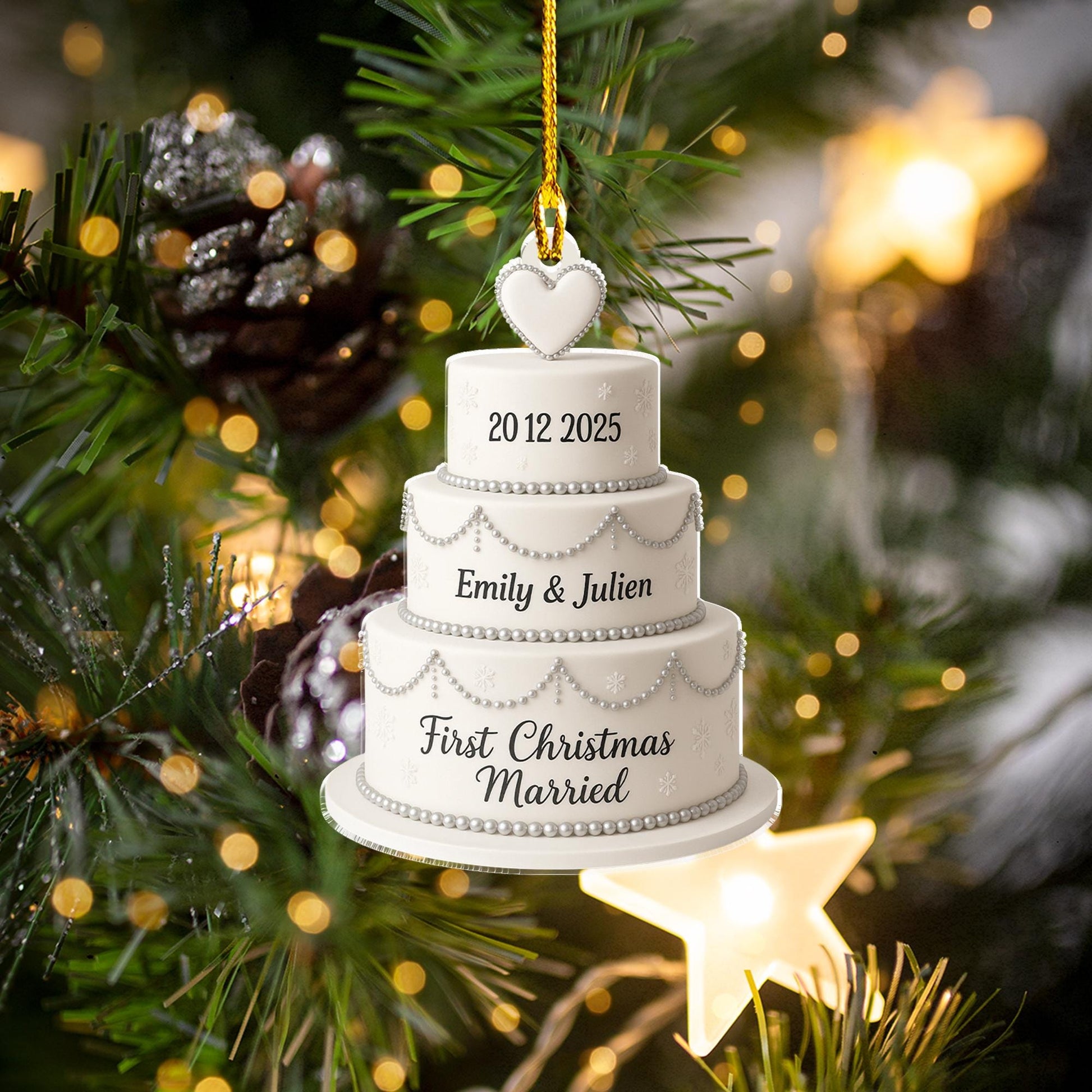 Personalized Wedding Cake Ornament – First Christmas Married – Acrylic Keepsake Gift 2025