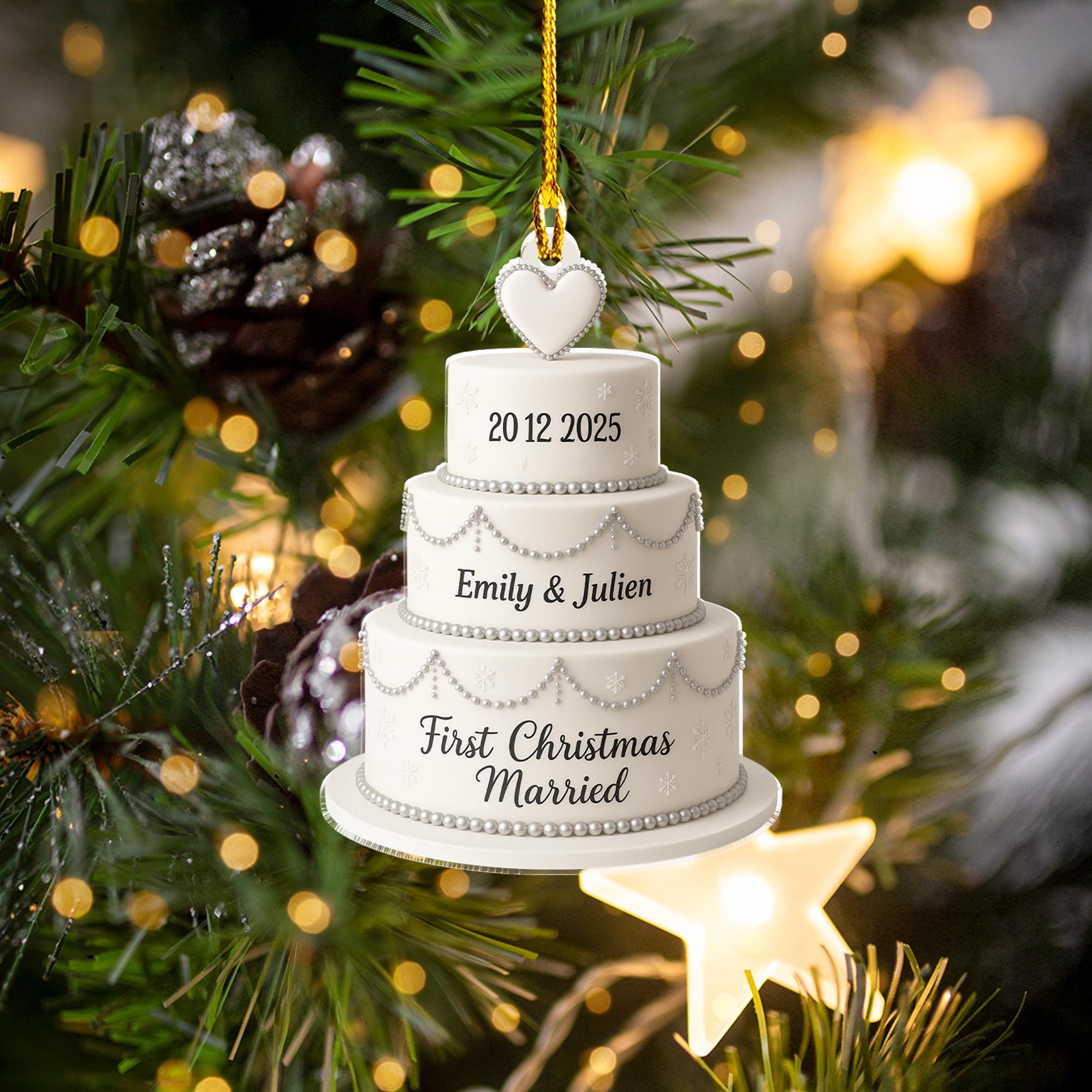 Personalized Wedding Cake Ornament – First Christmas Married – Acrylic Keepsake Gift 2025
