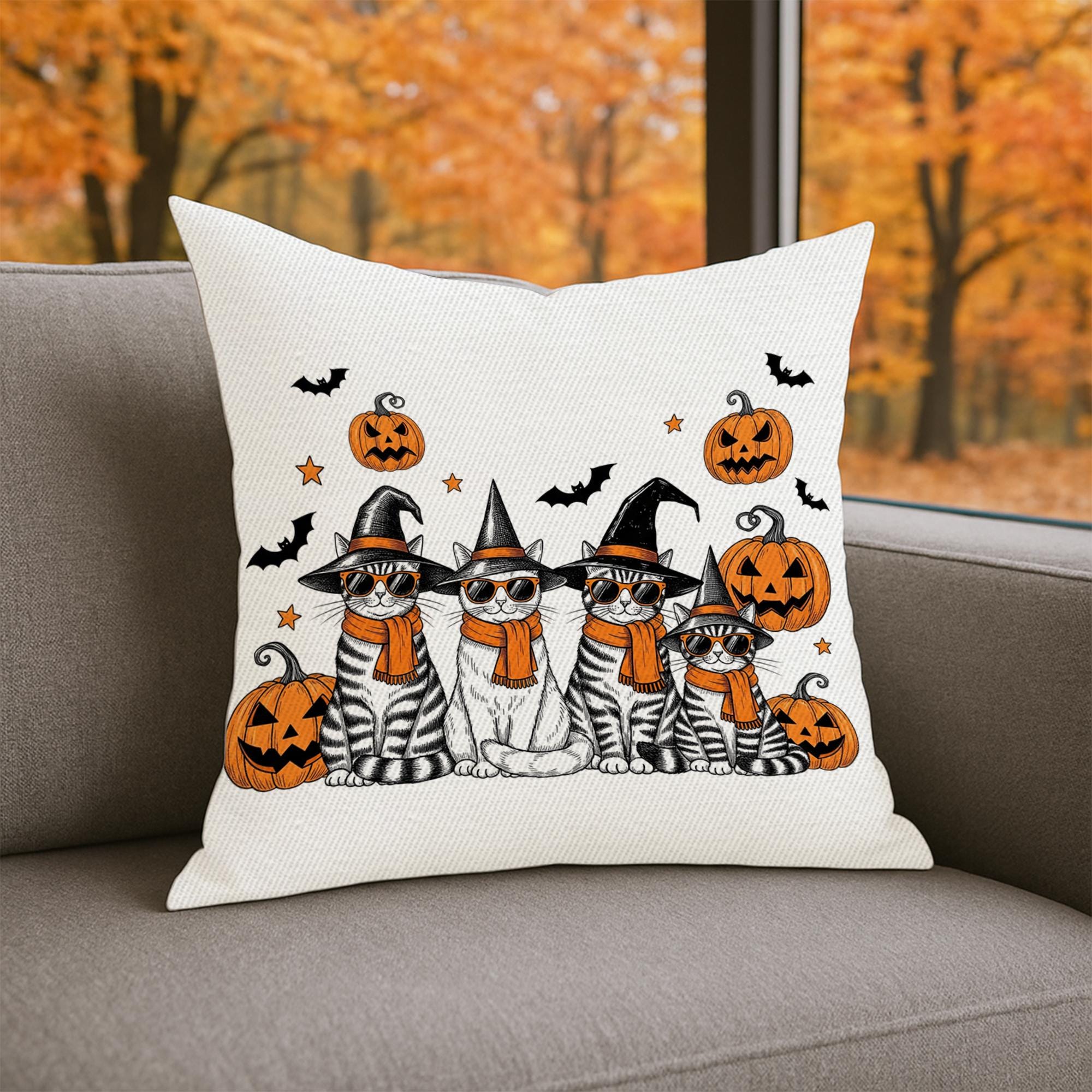 Halloween Cat Pillow Cover: Witch Cats, Pumpkins & Bats