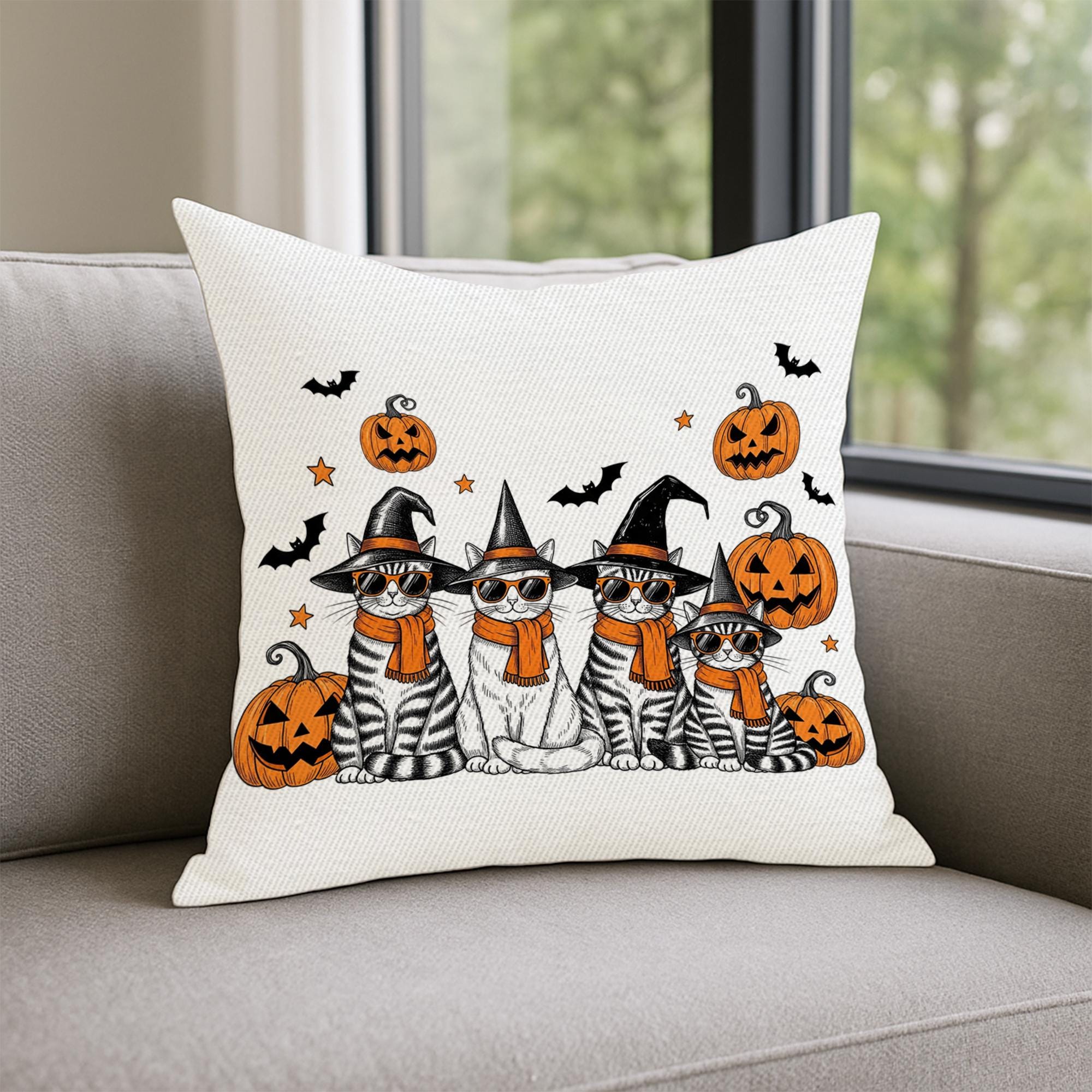 Halloween Cat Pillow Cover: Witch Cats, Pumpkins & Bats