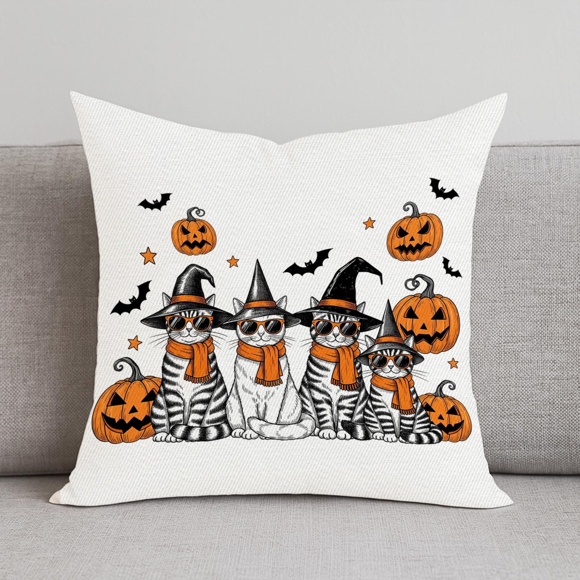 Halloween Cat Pillow Cover: Witch Cats, Pumpkins & Bats