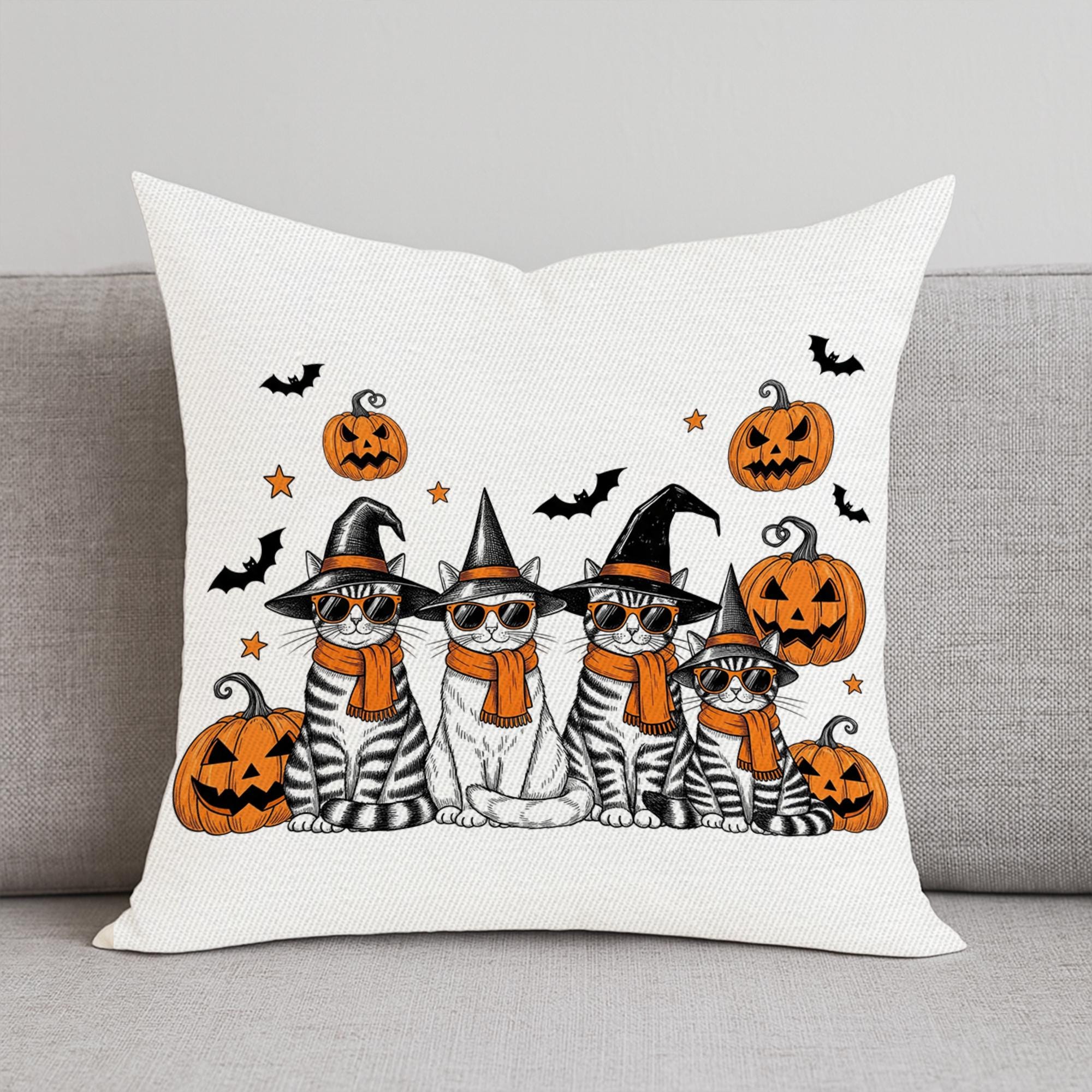 Halloween Cat Pillow Cover: Witch Cats, Pumpkins & Bats