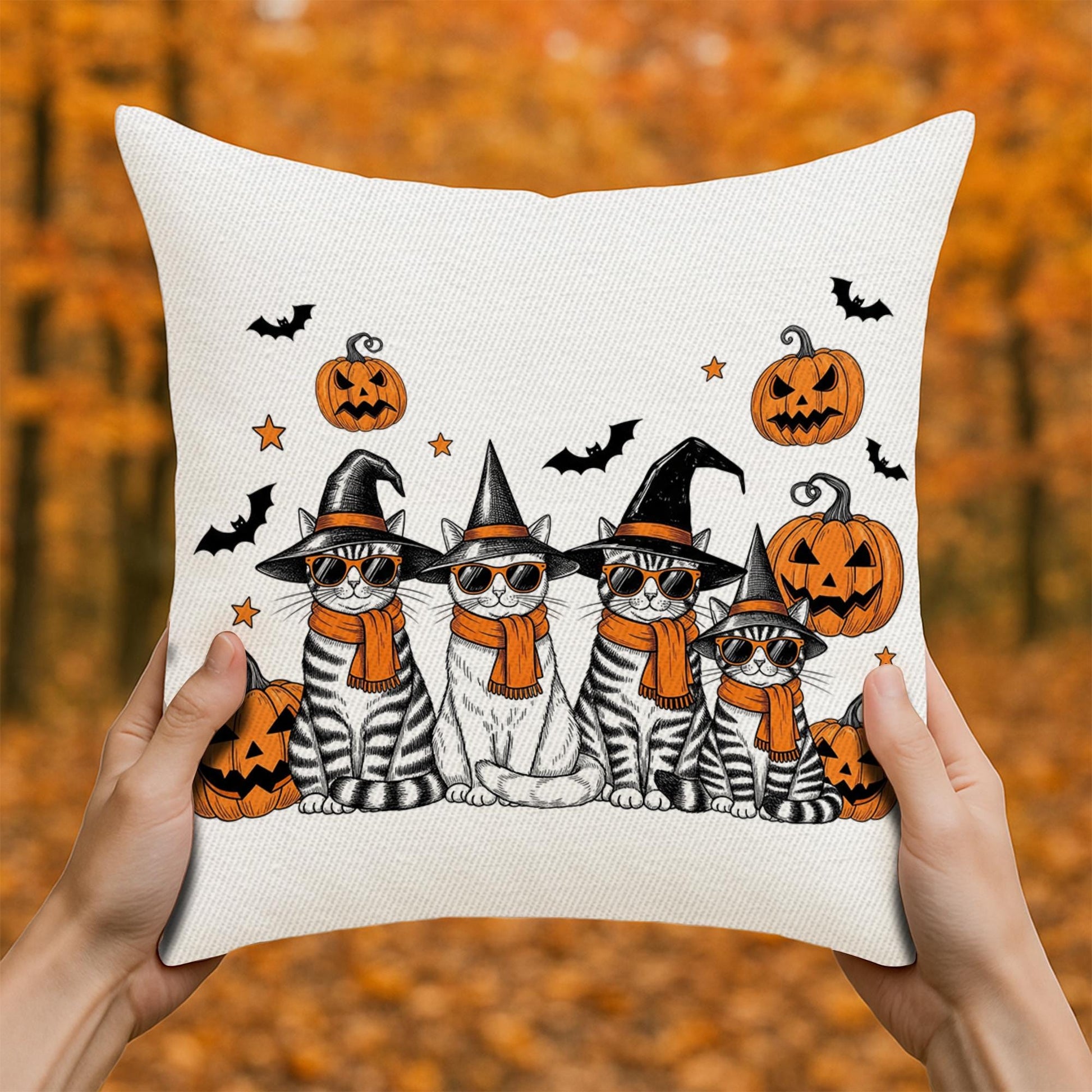 Halloween Cat Pillow Cover: Witch Cats, Pumpkins & Bats