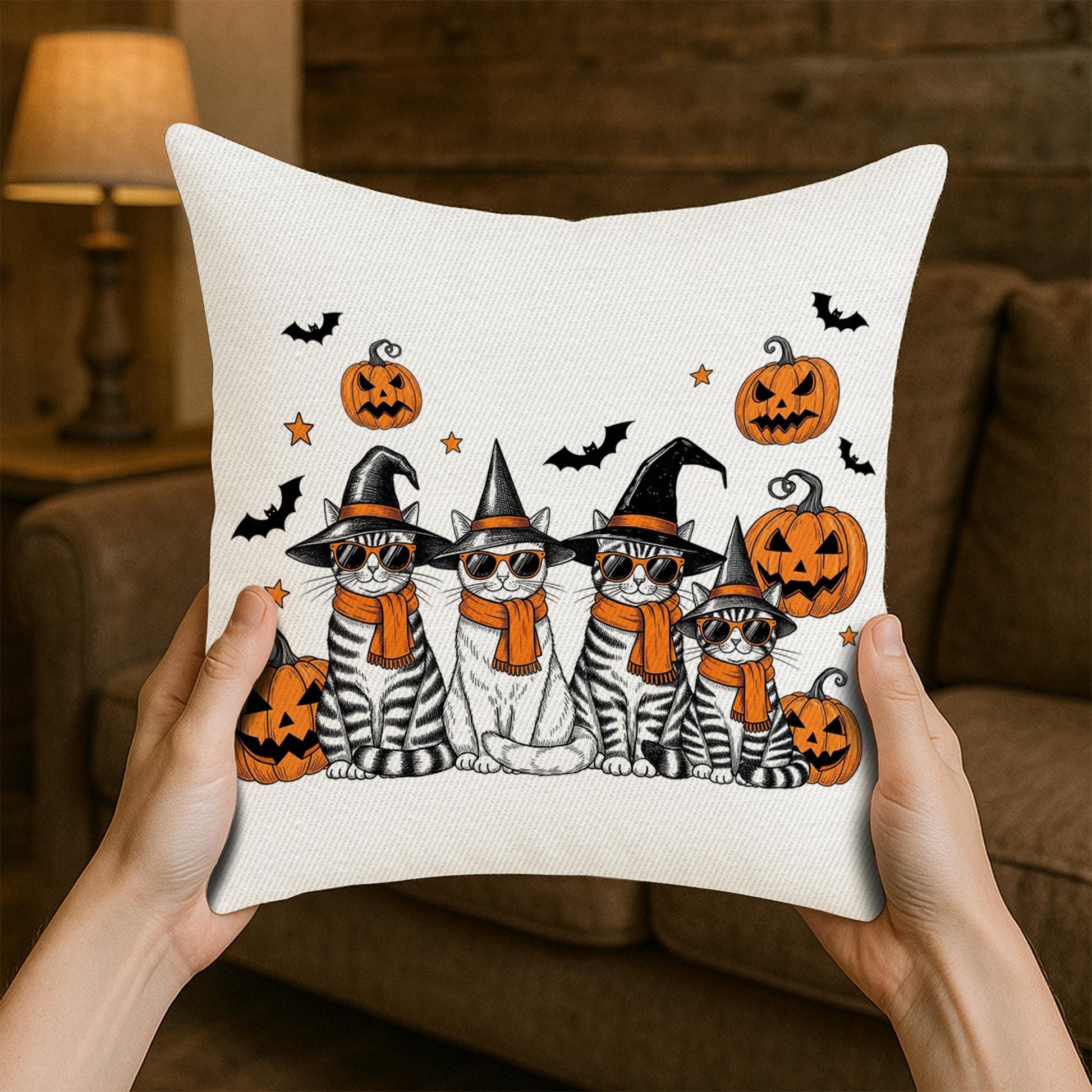 Halloween Cat Pillow Cover: Witch Cats, Pumpkins & Bats