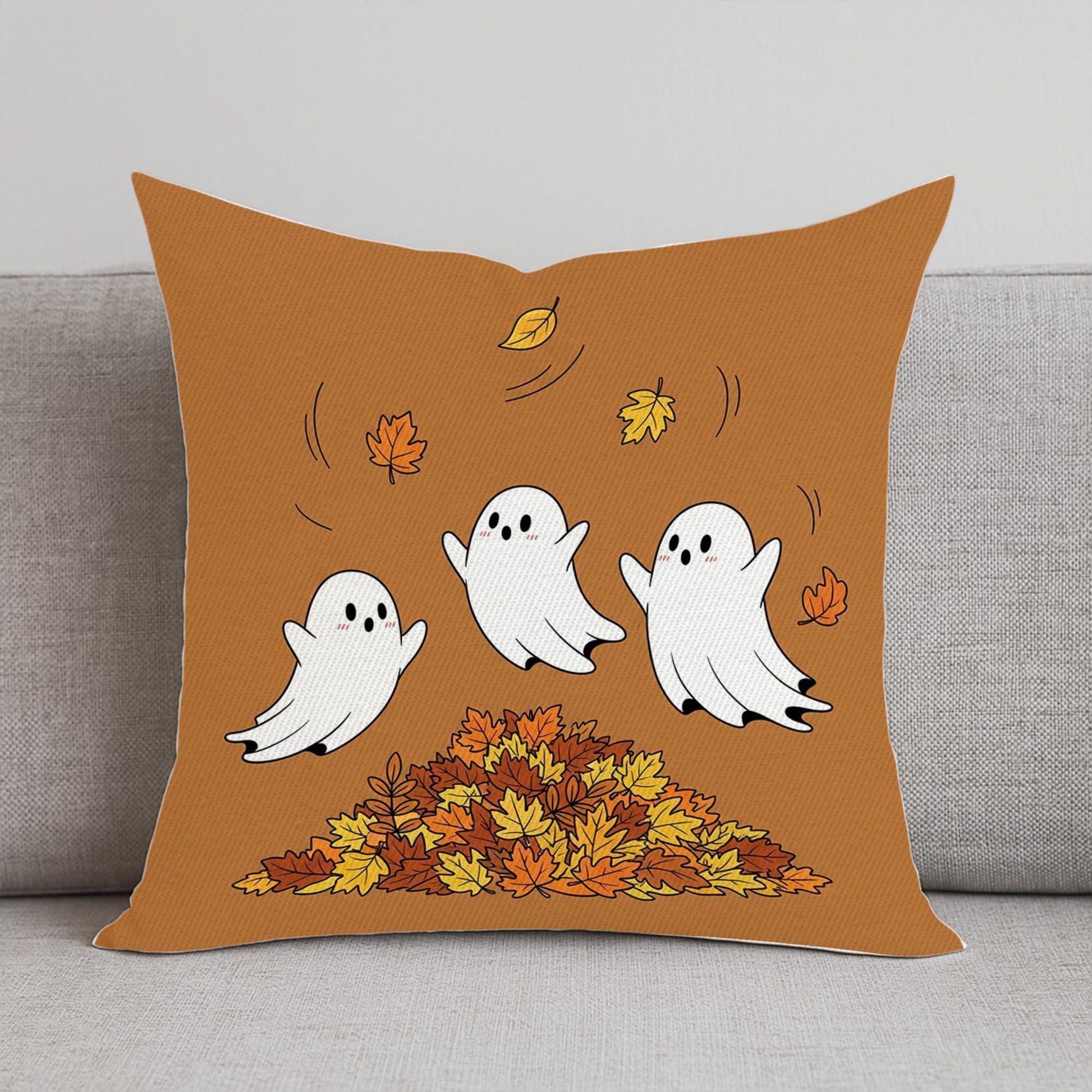Ghost Pillow Cover: Halloween Throw Pillow with Autumn Leaves