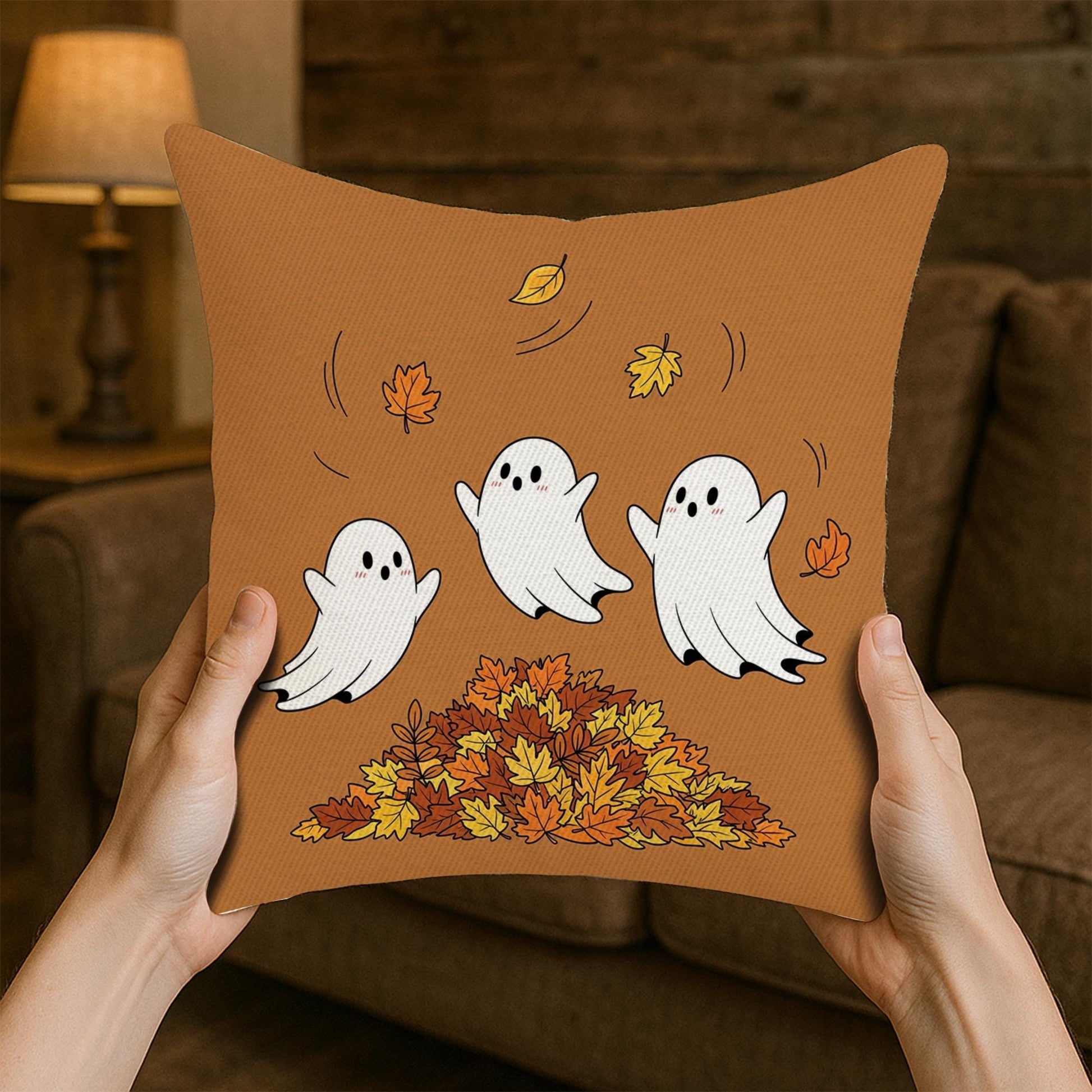 Ghost Pillow Cover: Halloween Throw Pillow with Autumn Leaves