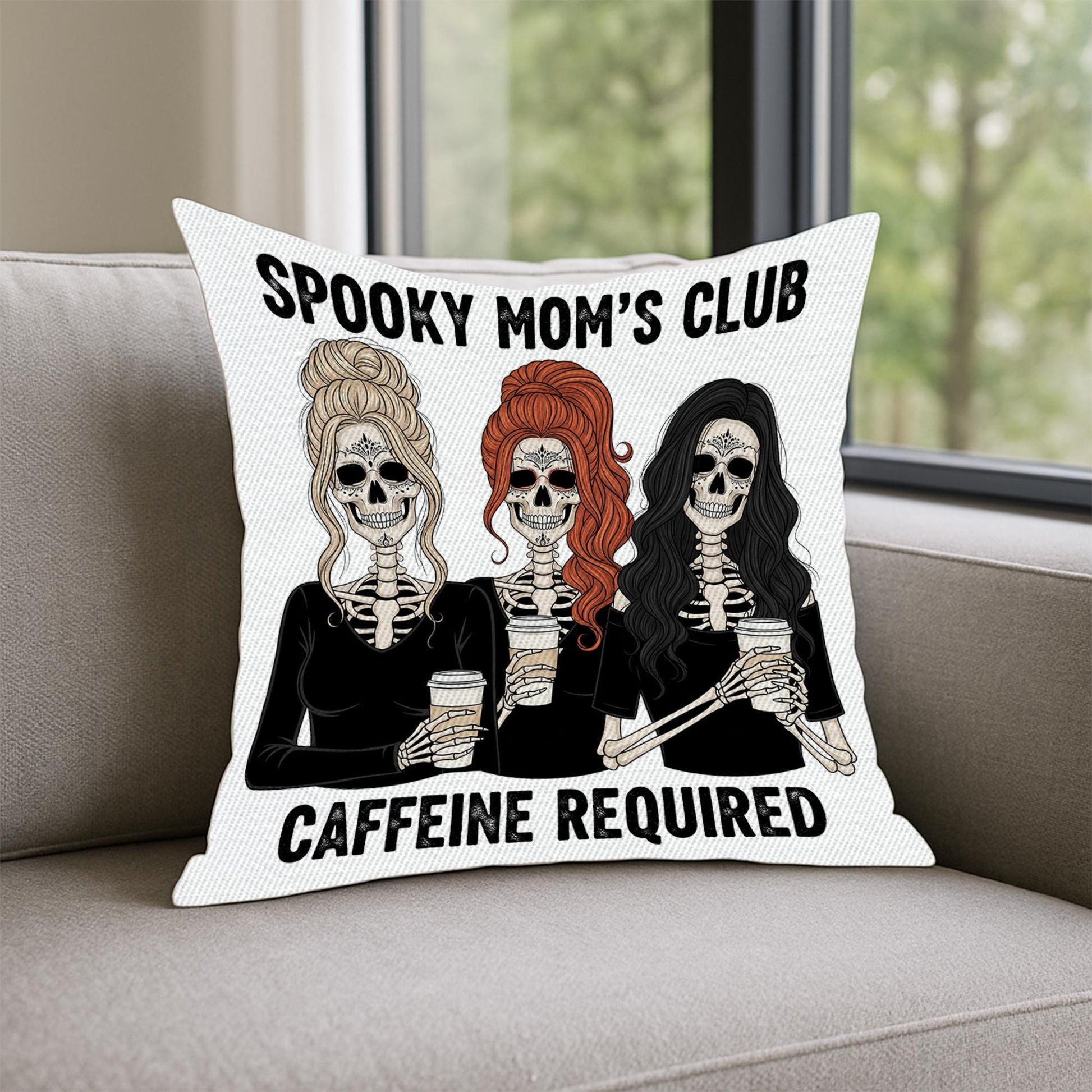 Spooky Mom's Club Pillow Cover: Skeleton Coffee Lover Halloween Decor