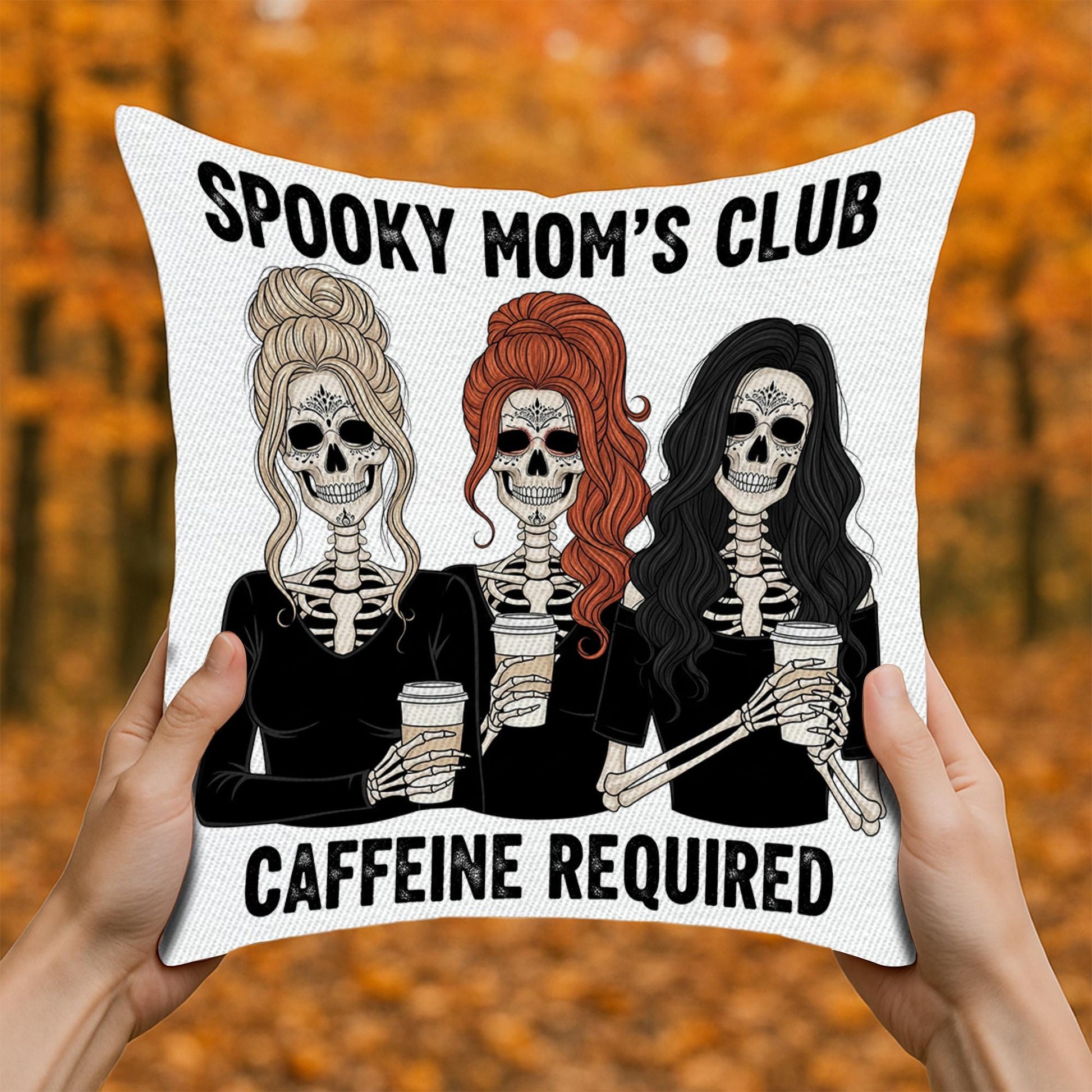 Spooky Mom's Club Pillow Cover: Skeleton Coffee Lover Halloween Decor